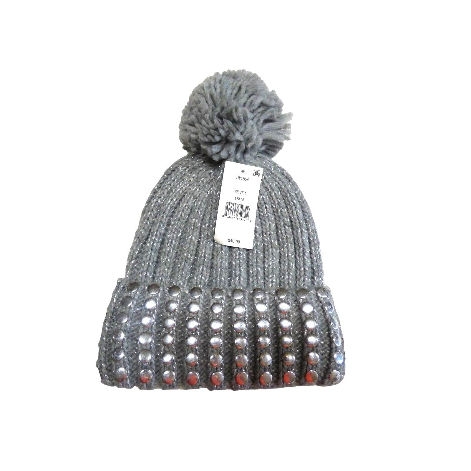DKNY DKNY Flat-Stud Metallic Rib-Knit Beanie, Silver/ Gray Size ONE SIZE - 1 Thumbnail