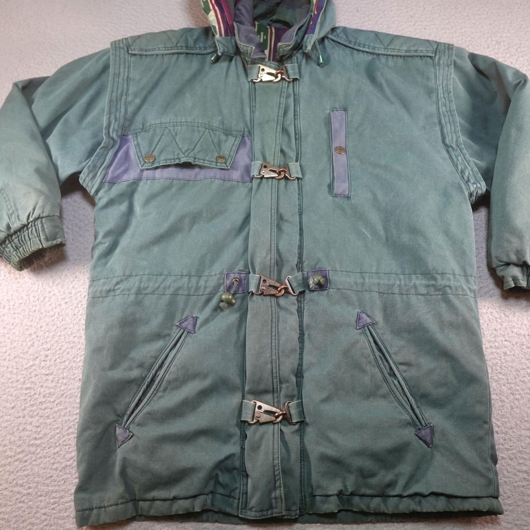 Vintage VINTAGE In Crowd Jacket Mens S Green Canvas Parka Hooded Insulated Lined Pockets Tribal Aztec Pattern Sailor/Outdoor Winter Coat Size US S / EU 44-46 / 1 - 3 Thumbnail