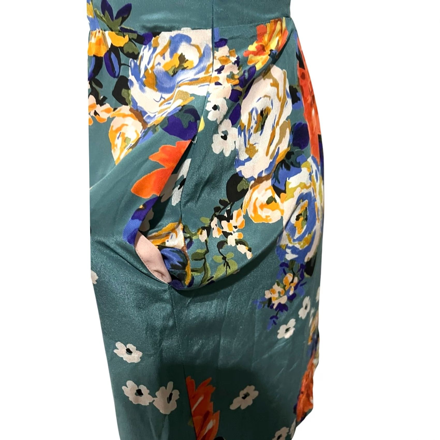 Vintage Moulinette Soeurs Silk Slip Dress Spaghetti Straps Green Floral w/ Pockets Sz 2 Size XS / US 0-2 / IT 36-38 - 6 Thumbnail