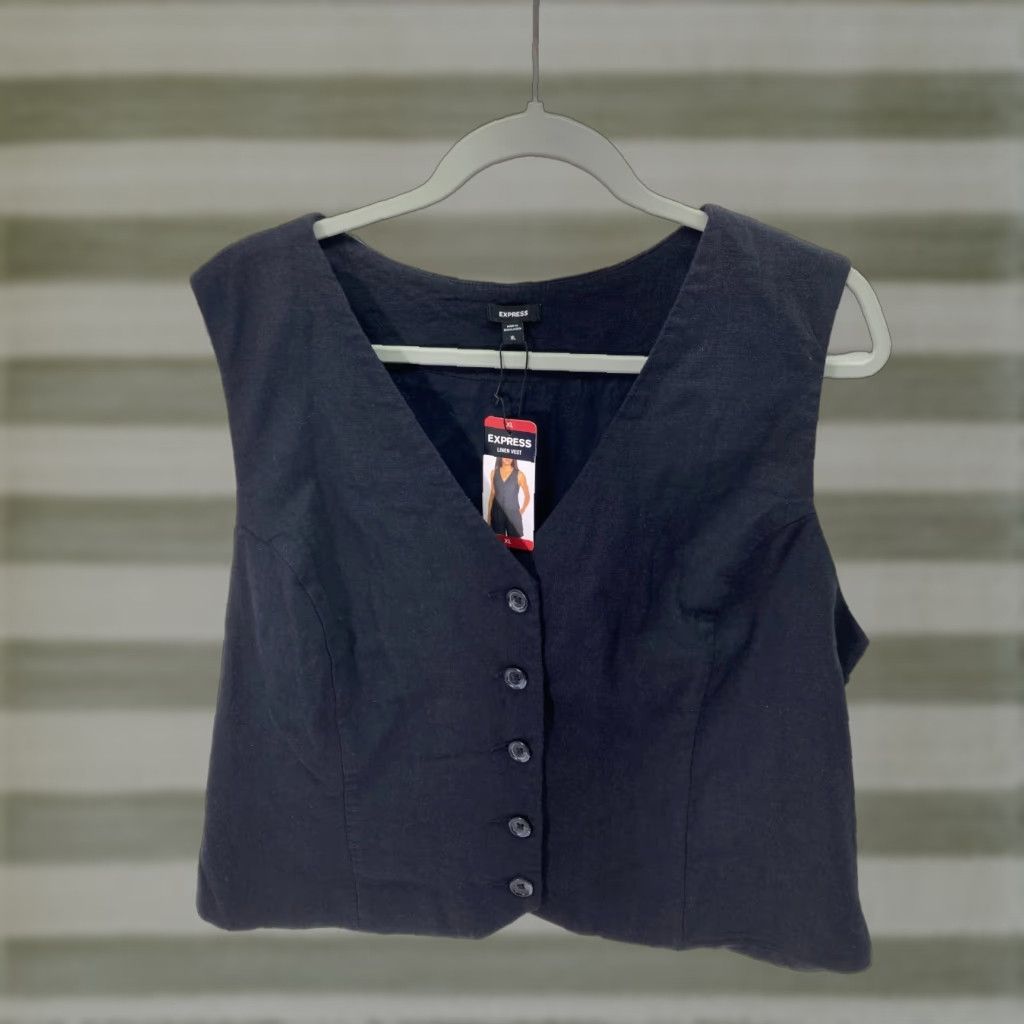 Express Express Linen Vest Womens XL Black Button Front V-Neck Classic Look NWT Size XL / US 12-14 / IT 48-50 - 1 Thumbnail