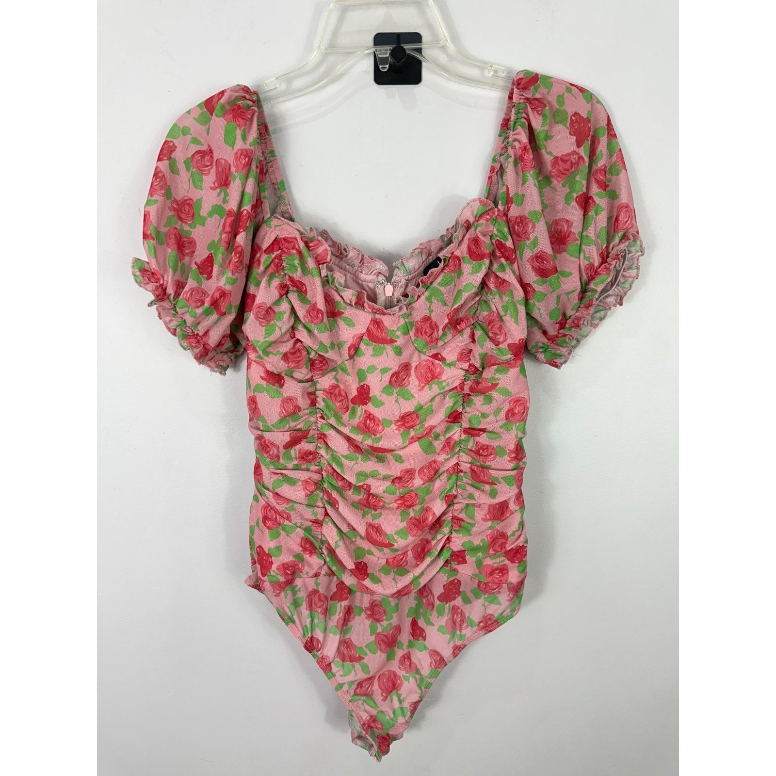 Lulus Lulus Pink Floral Mesh Ruched Bodysuit Large Coquette Size L / US 10 / IT 46 - 1 Thumbnail