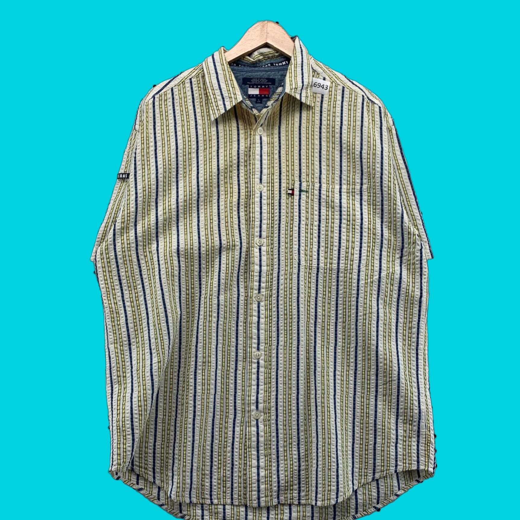 Tommy Hilfiger VINTAGE Tommy Jeans Button Shirt Short Sleeve Men Large Yellow SearSucker Size US L / EU 52-54 / 3 - 1 Thumbnail