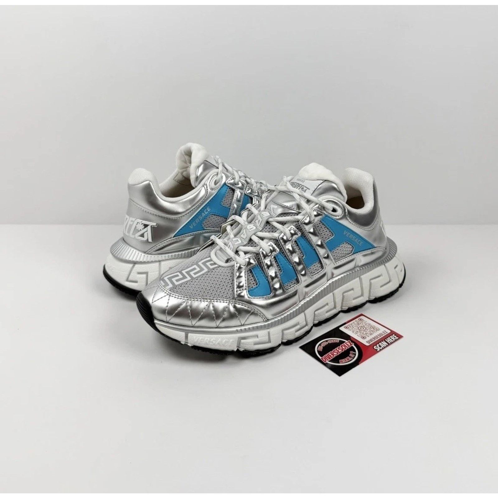 Versace Size 40EU/7US - Versace Trigreca Silver Blue Sneakers NEW! Size US 7 / EU 40 - 1 Thumbnail