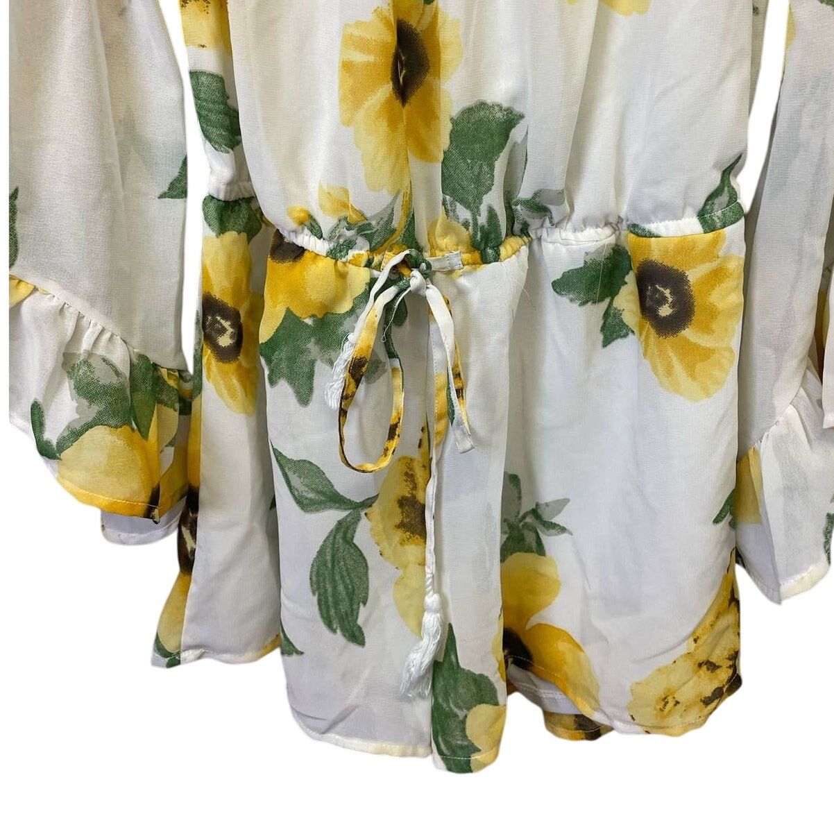 Blush Hint of Blush Sm Off Shoulder Sunflower Bell Sleeve Romper Size 35" - 3 Thumbnail