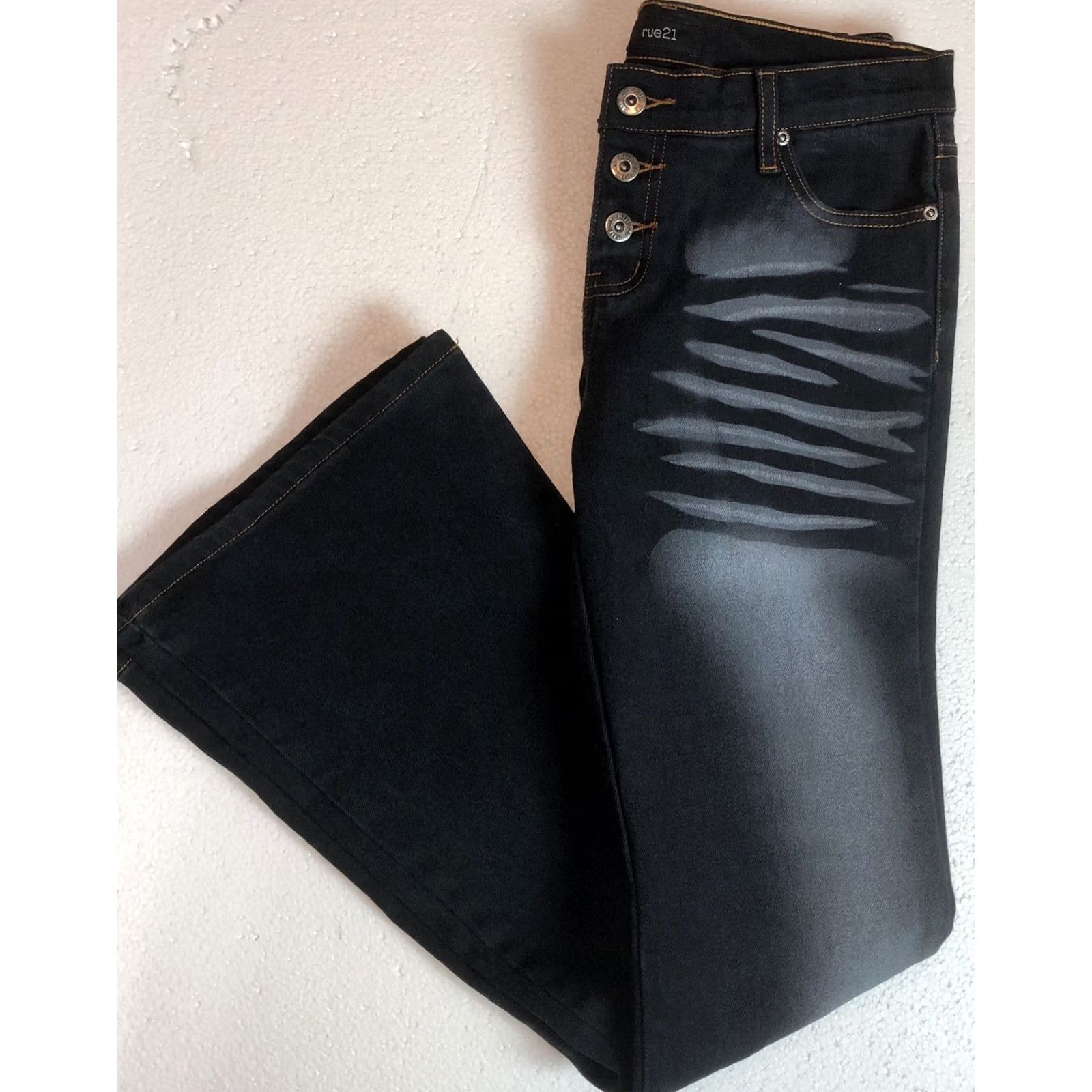 Vintage Rue 21 Jeans 1/2 Black 30”W Mid Rise Button Fly Flare Cuff 2 Tone Nwt 90s Y2K Size 25" / US 0 / IT 36 - 4 Thumbnail