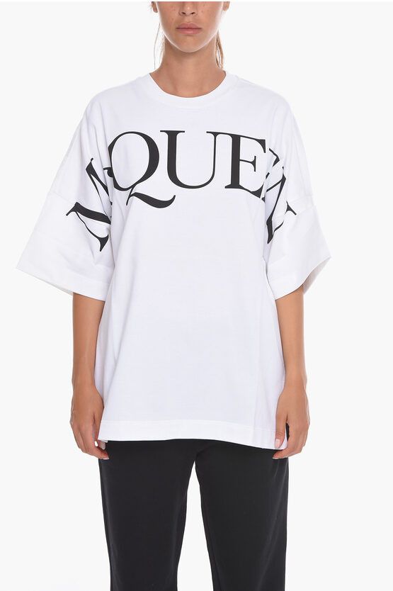 image of Alexander Mcqueen Oversized Crew-Neck T-Shirt With Printed Contrasting Logo in White, Women's (Size