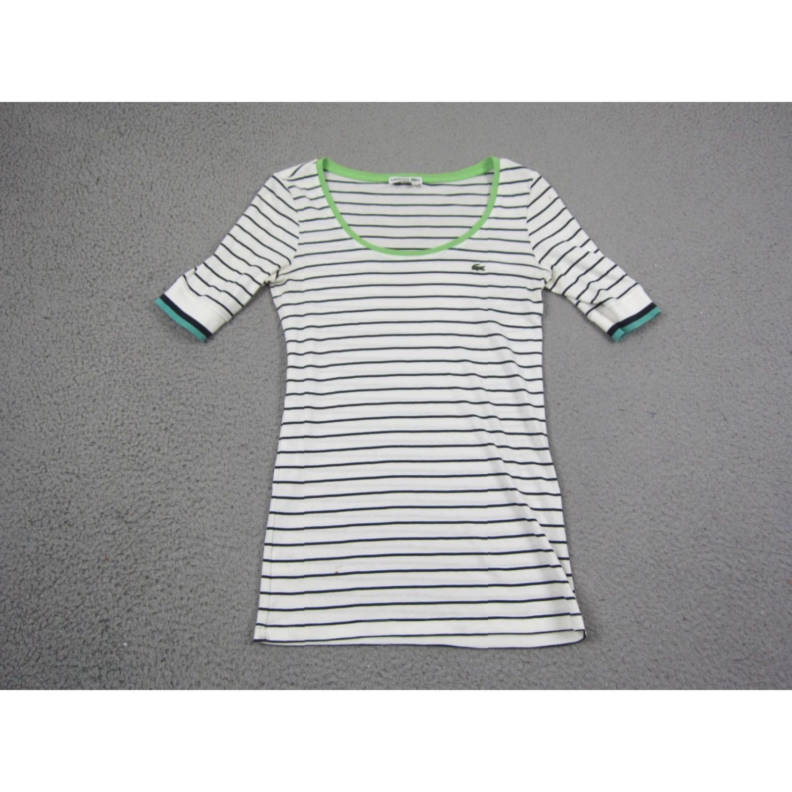 Lacoste Lacoste Shirt Womens S White Striped Knit Short Sleeve Scoop Neck Turquoise? Size S / US 4 / IT 40 - 2 Thumbnail