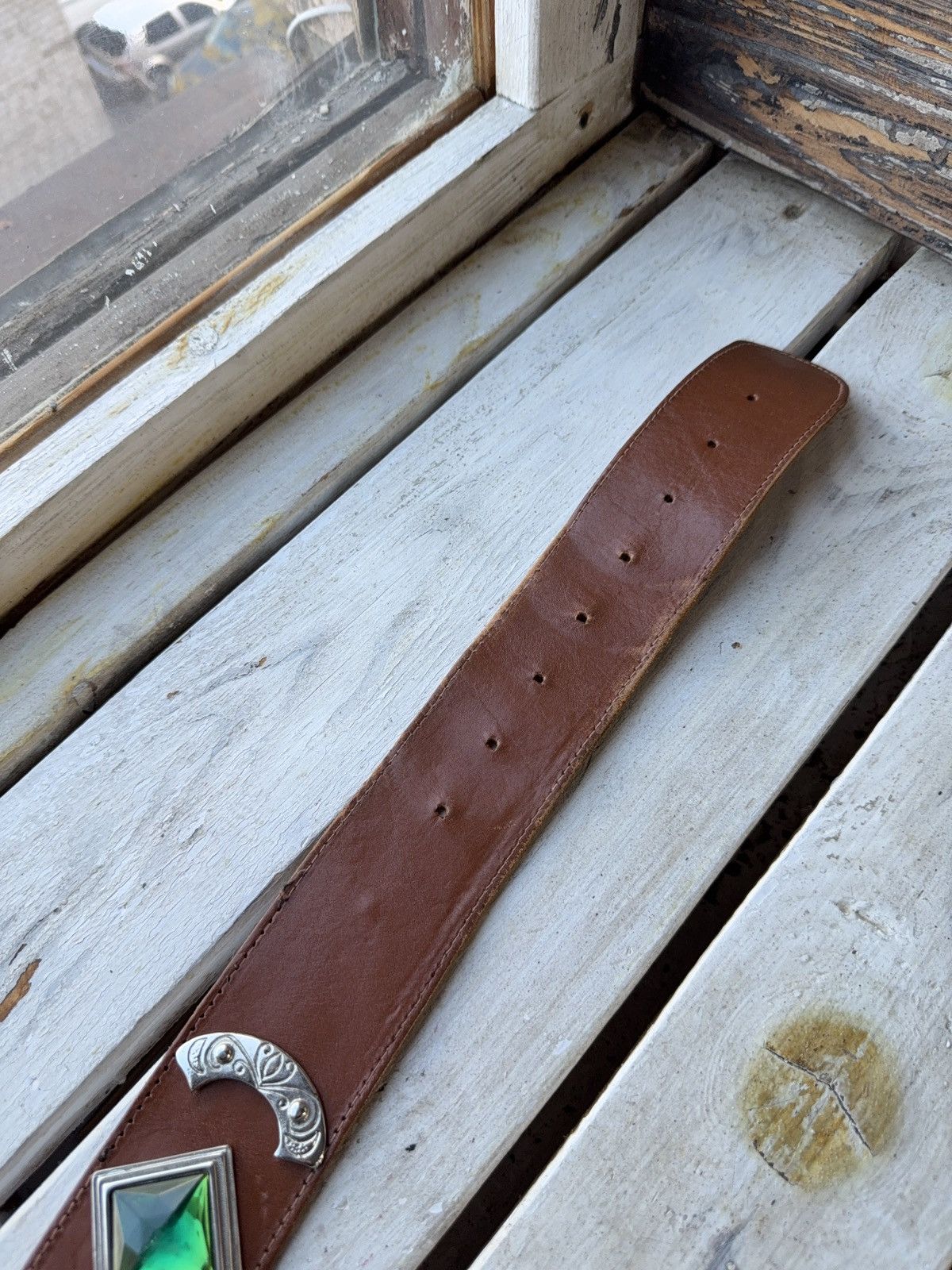 Japanese Brand Western Brown Leather Belt Green Gem Silver Details Size ONE SIZE - 3 Thumbnail