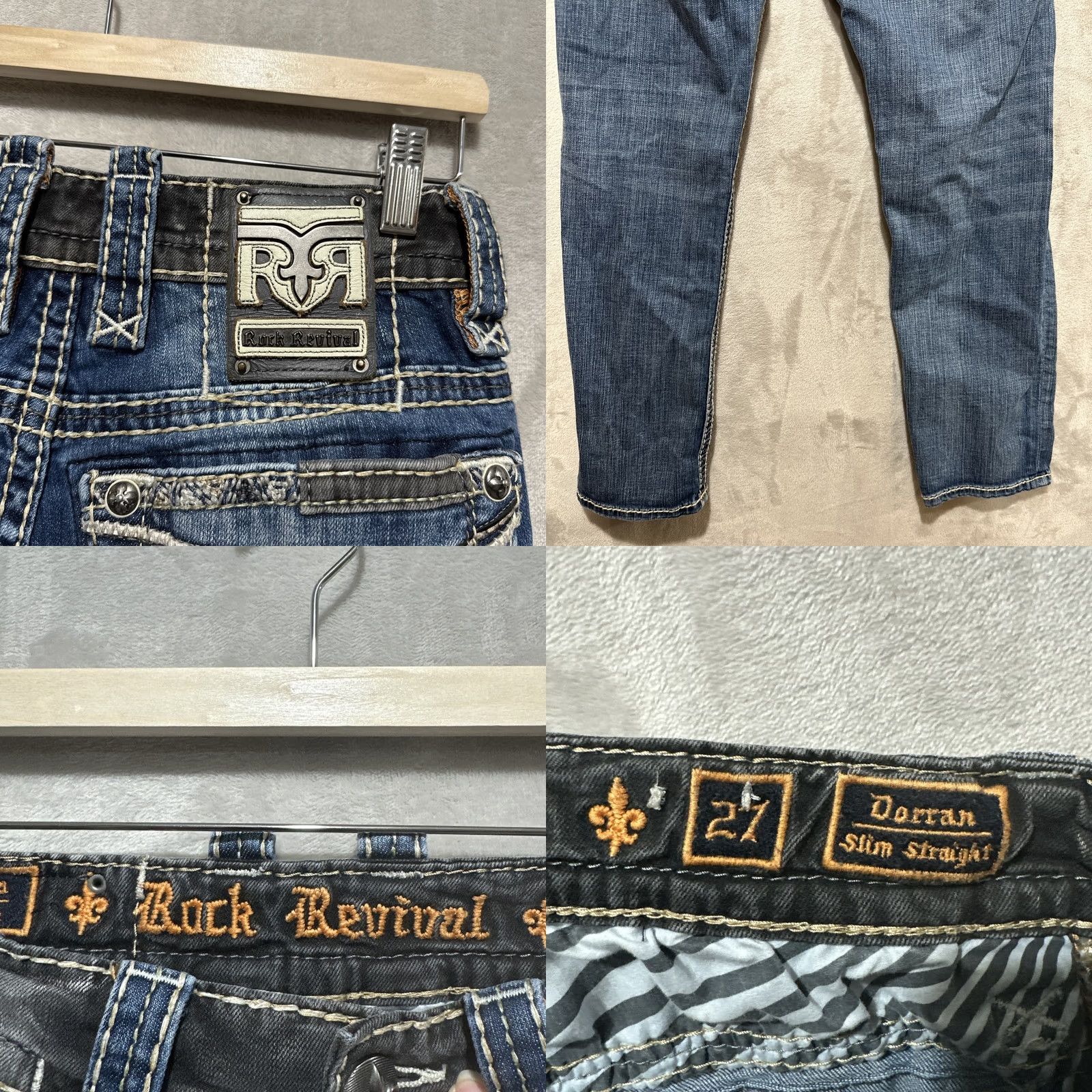 Vintage Rock Revival Dorran Slim Straight Jeans 27 Denim 5-Pocket Logo Embroidered Pockets Mens Blue Size US 27 - 8 Thumbnail