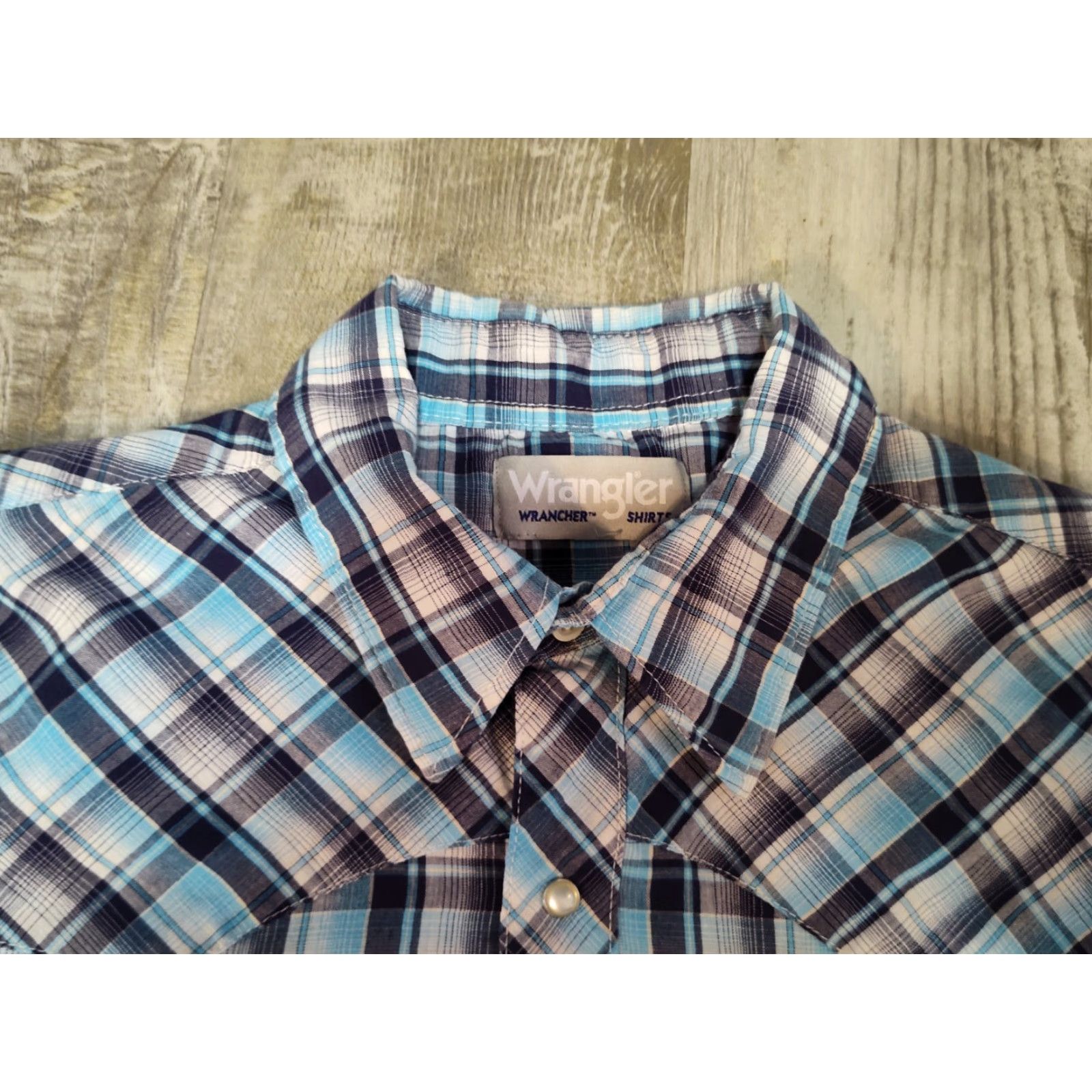 Wrangler WRANGLER Wrancher Blue Plaid Short Sleeve Snap Button Shirt Large Western Mens Size US L / EU 52-54 / 3 - 7 Thumbnail