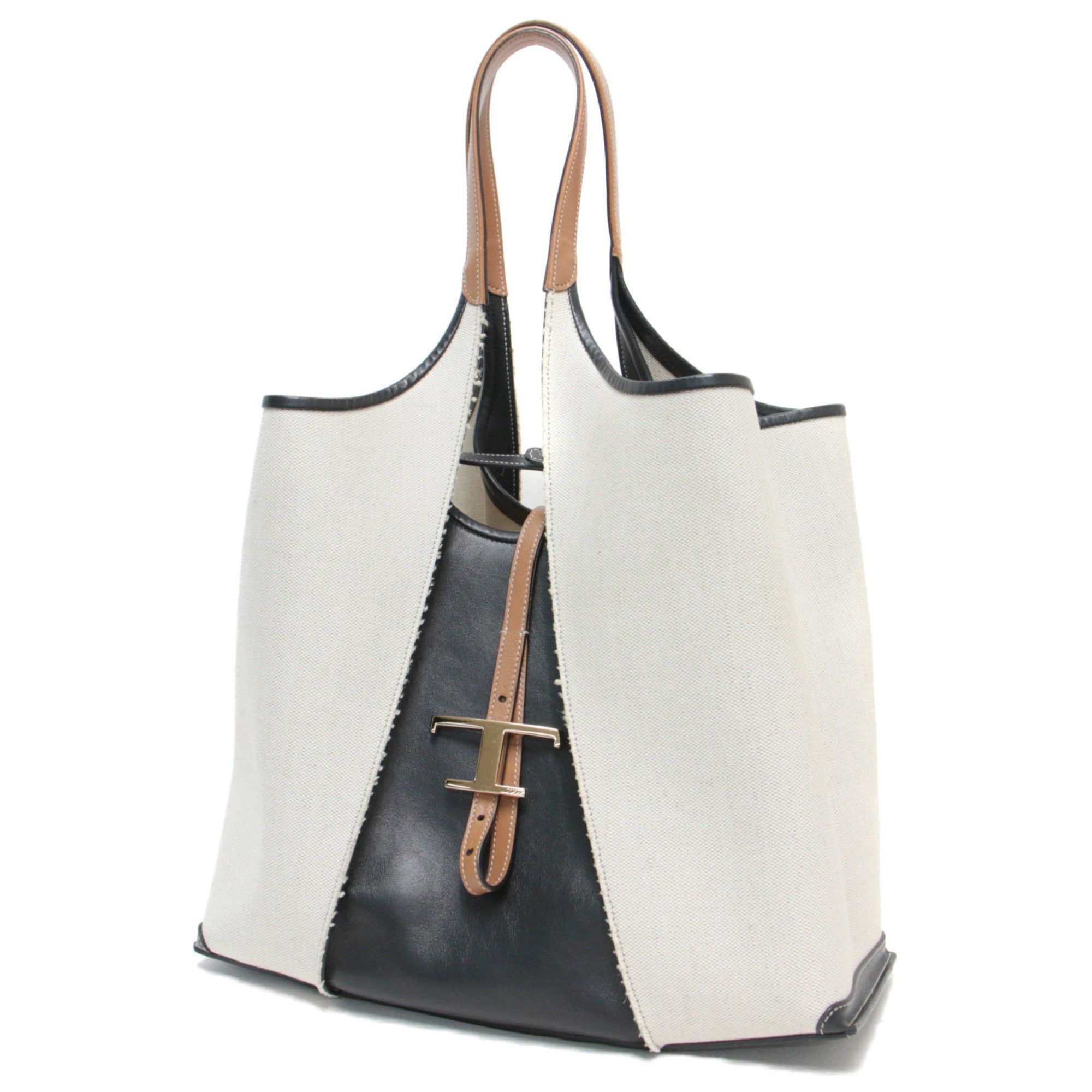 image of Tod's Tods Bag Tote Off White Black Camel Shoulder Canvas Leather Combination T Timeless 22 Spring/