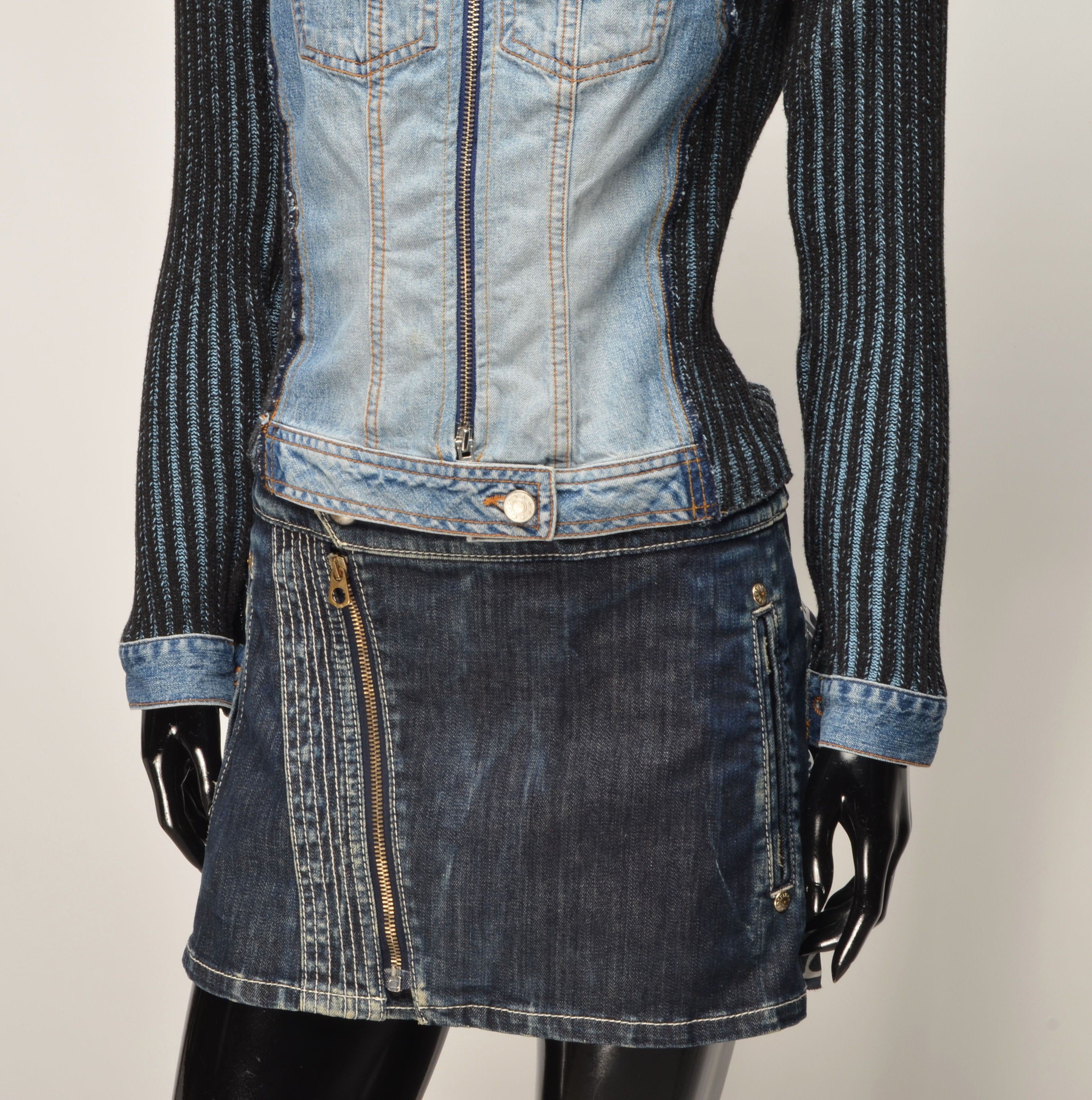 Vintage Y2K Helline Denim Knit Fitted Moto Zip Up Hybrid Jacket Size XS / US 0-2 / IT 36-38 - 3 Thumbnail
