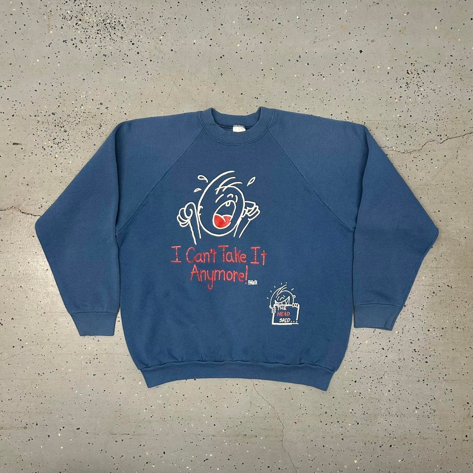 Fruit Of The Loom 80s navy blue crewneck sweatshirt "I Can't Take It Anymore" Size US XL / EU 56 / 4 - 1 Thumbnail