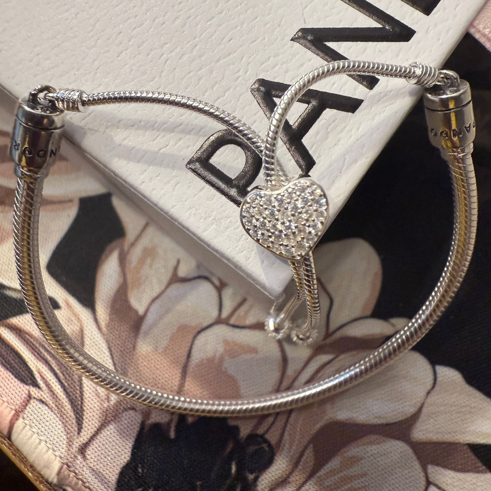 pandora Authentic Pandora Silver Sparkling Pave Heart Slider Bracele Size ONE SIZE - 2 Thumbnail