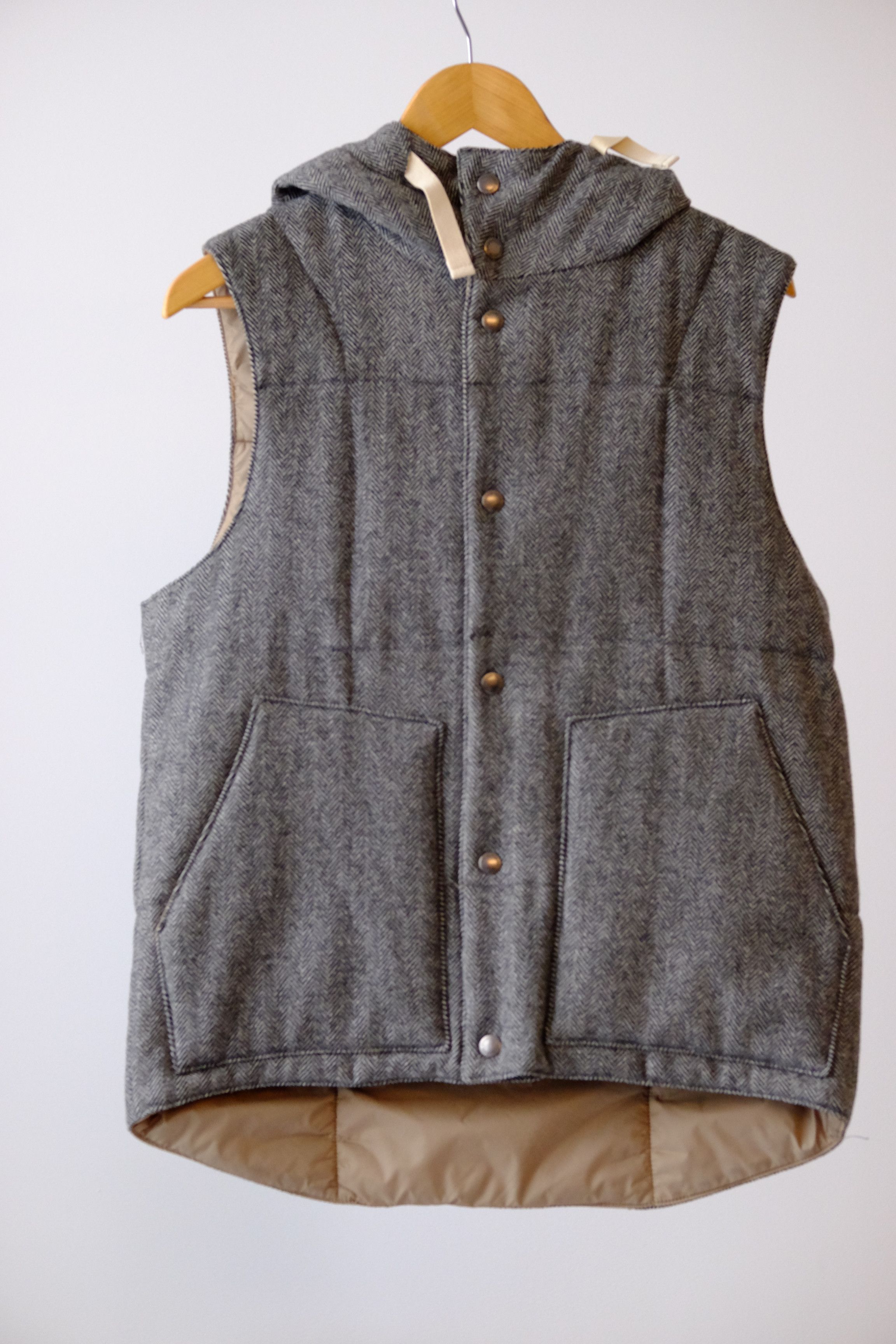 image of Engineered Garments Wool Herringbone Puffer Vest in Light Gray Herringbone, Men's (Size Medium)