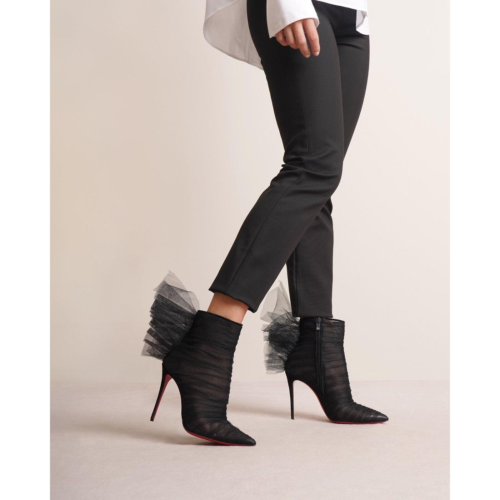Christian Louboutin Christian Louboutin Libellibooty 100 Black Mesh Tulle Ankle Size US 4.5 / IT 34.5 - 3 Thumbnail