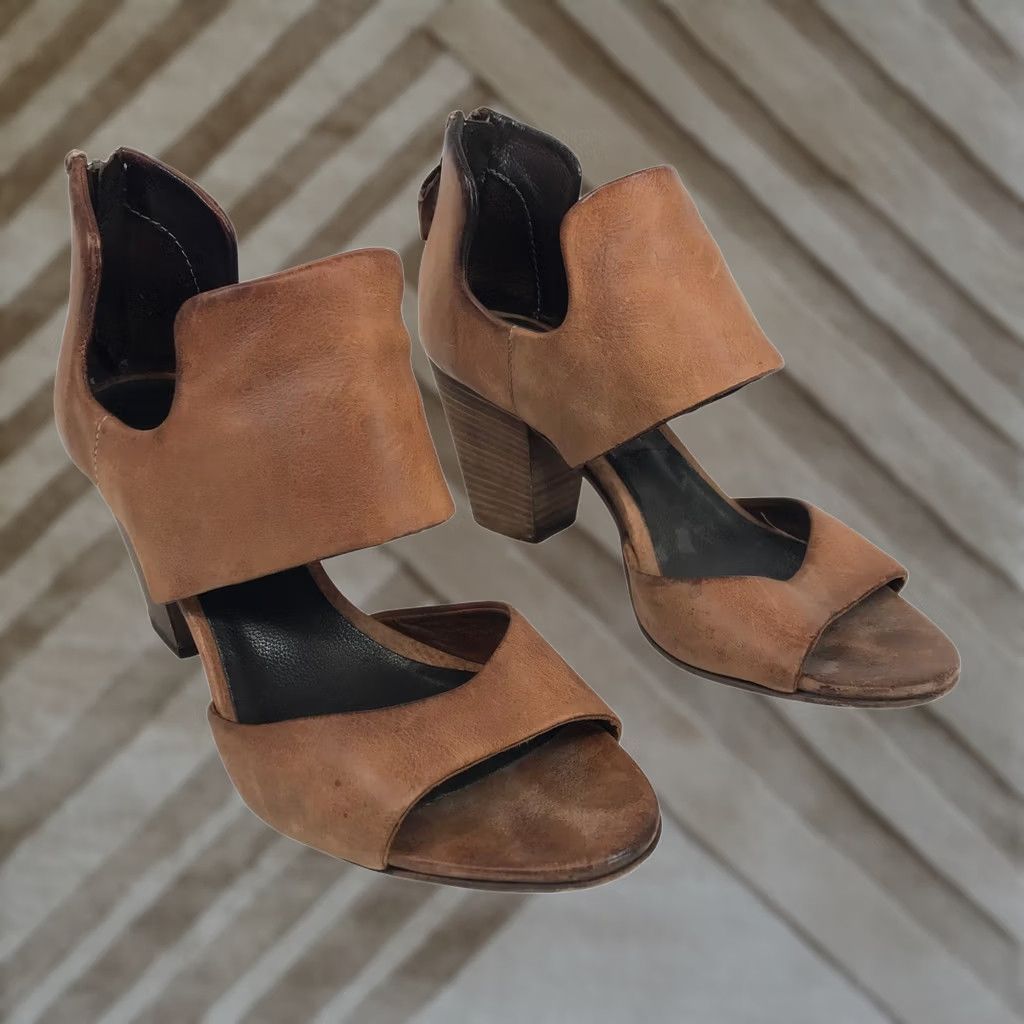Vintage Sundance Tan Leather Peep Toe Cutout Block Heel Sandals Size 6.5 Brown Women Size US 7 / IT 37 - 1 Thumbnail