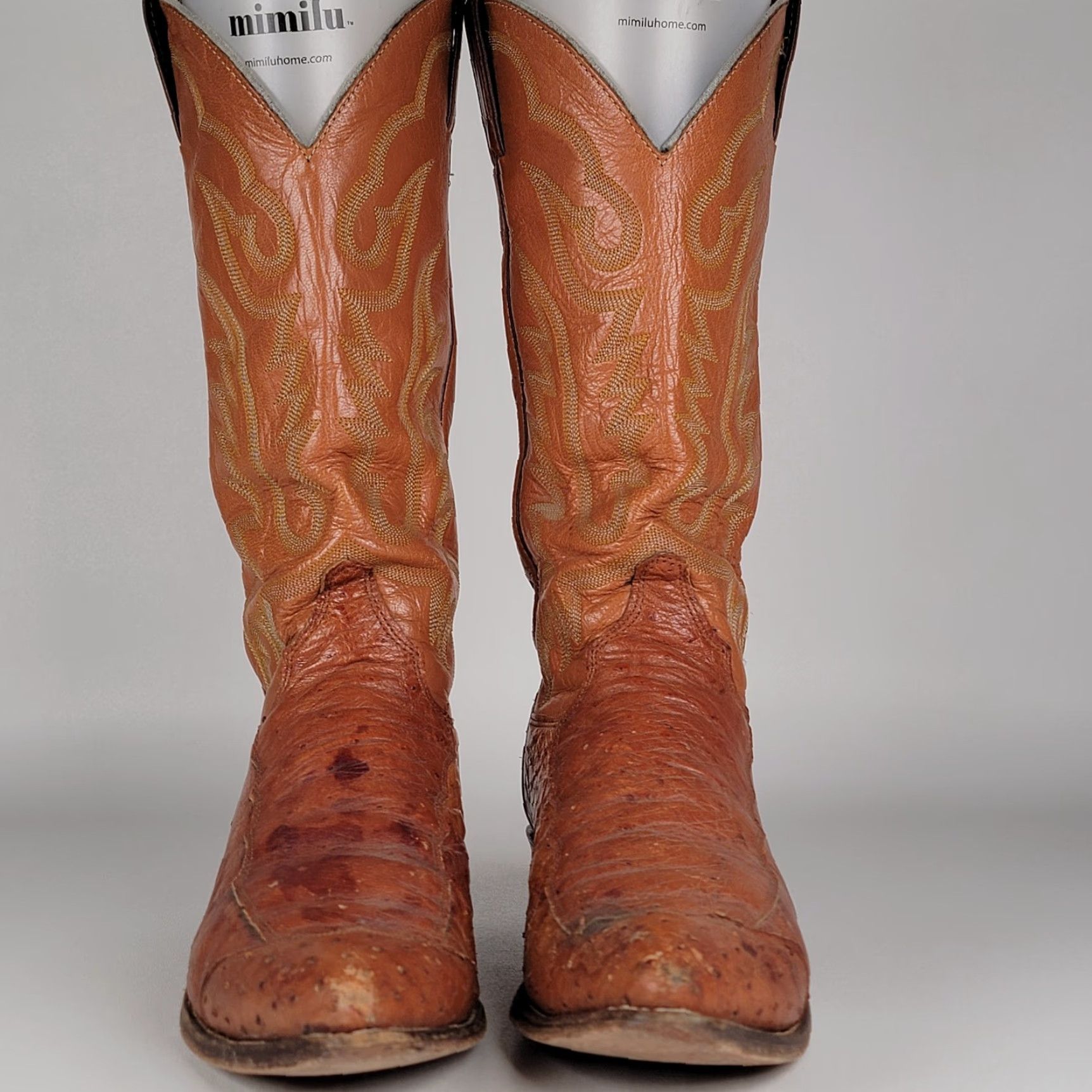 Justin Boots VINTAGE Justin Boots Western Boot J4066 - 9D - Brown - USA - Men - Ostrich Leather - Pull On - Almond Toe Size US 9 / EU 42 - 2 Thumbnail