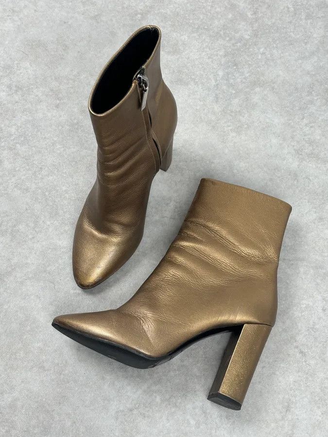 Saint Laurent Paris Saint Laurent Gold Leather Ruched Block Heel Bootie Size US 8 / IT 38 - 9 Thumbnail
