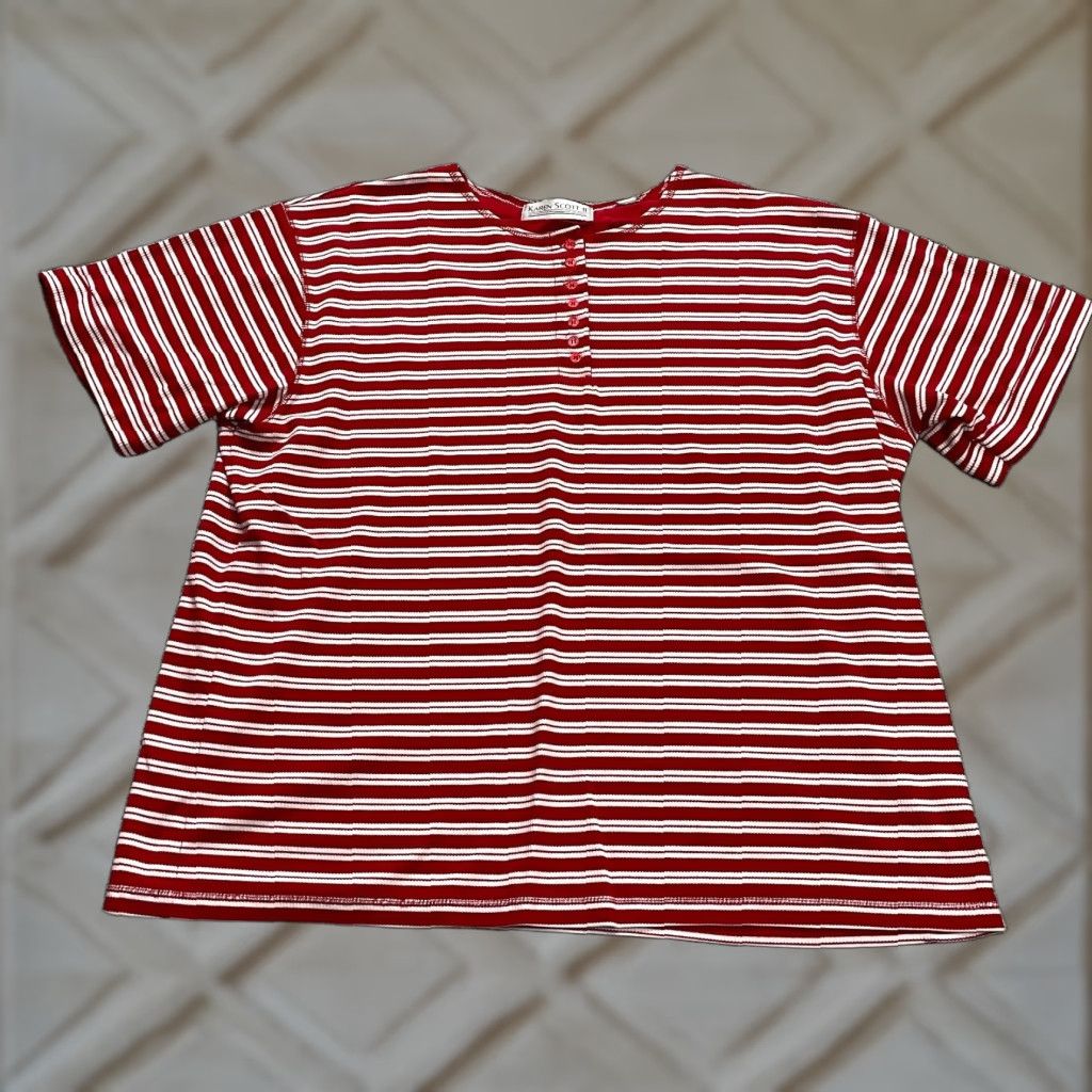 Vintage VINTAGE Karen Scott Cotton Henley Shirt Women 3XL Short Sleeve Striped Casual Summer Fall Size XXL / US 16-18 / IT 52-54 - 1 Thumbnail