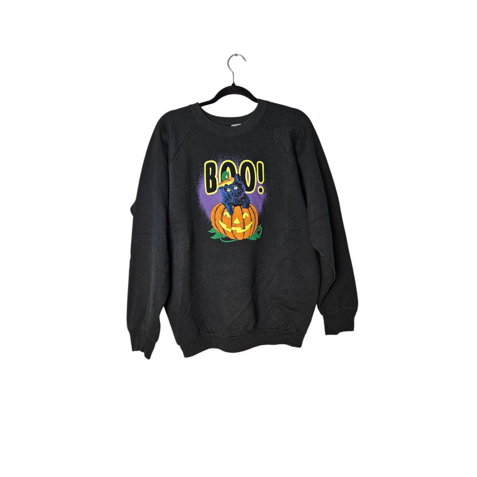 Fruit Of The Loom Vtg. Halloween Pumpkin Black Cat Puffy Paint Sweatshirt XL Size XL / US 12-14 / IT 48-50 - 1 Thumbnail