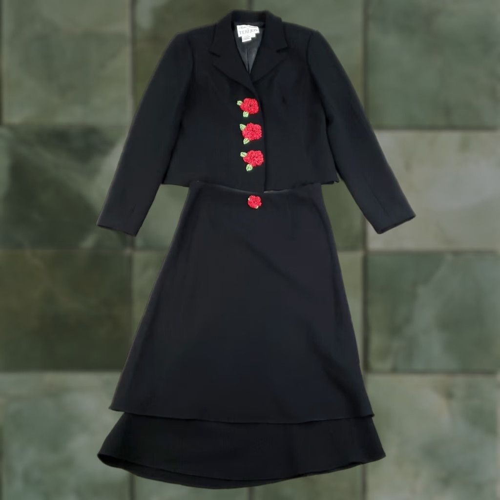 Vintage Teri Jon Black Wool Skirt Suit Set Womens Size 6 Business 2 Piece Floral Size 28" / US 6 / IT 42 - 1 Thumbnail