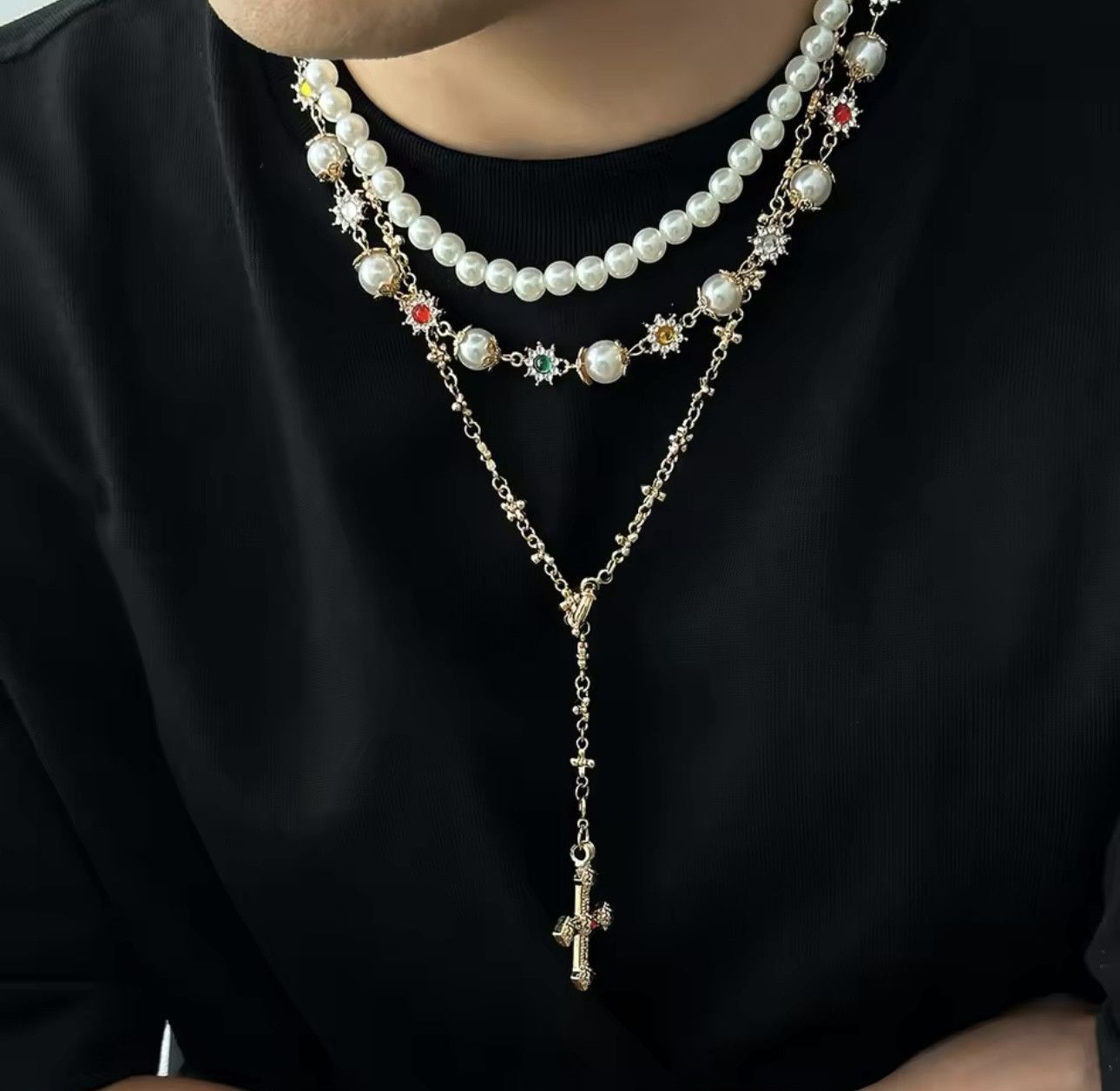 Jewelry 3Pcs/Set Creative Rhinestone Imitation Pearl Chain Necklace Size ONE SIZE - 1 Thumbnail