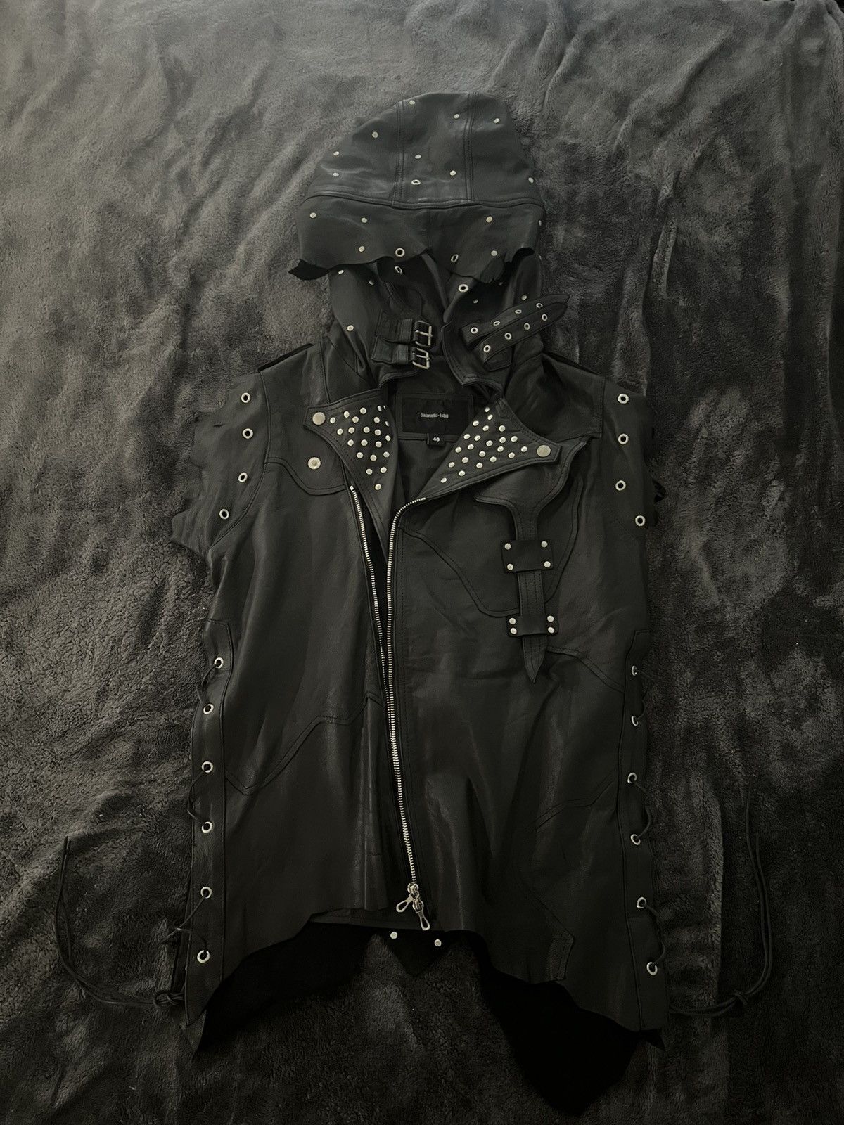 Patchwork studded hooded leather vest