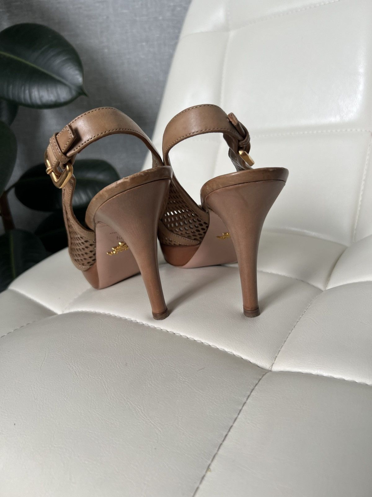 Prada Prada Brown Leather Cutout Peep Toe Slingback Platform Heels Size US 7.5 / IT 37.5 - 16 Thumbnail