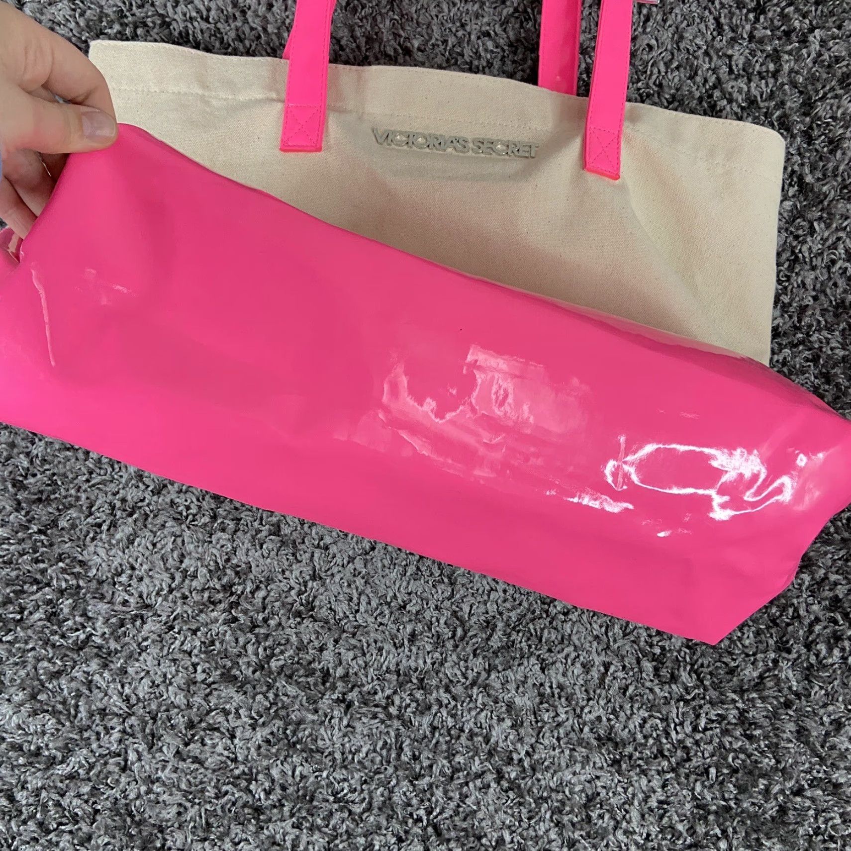 Victoria's Secret VINTAGE Victoria's Secret Tote Bag Canvas Pink Beige Women's Tote Bag Purse Adult Women Pink Beige Short Strap Overn? Size ONE SIZE - 2 Thumbnail