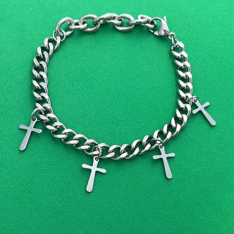 Designer × Jewelry Titanium Steel Link Chain Cross Charm Bracelet for Men Women Size ONE SIZE - 4 Thumbnail