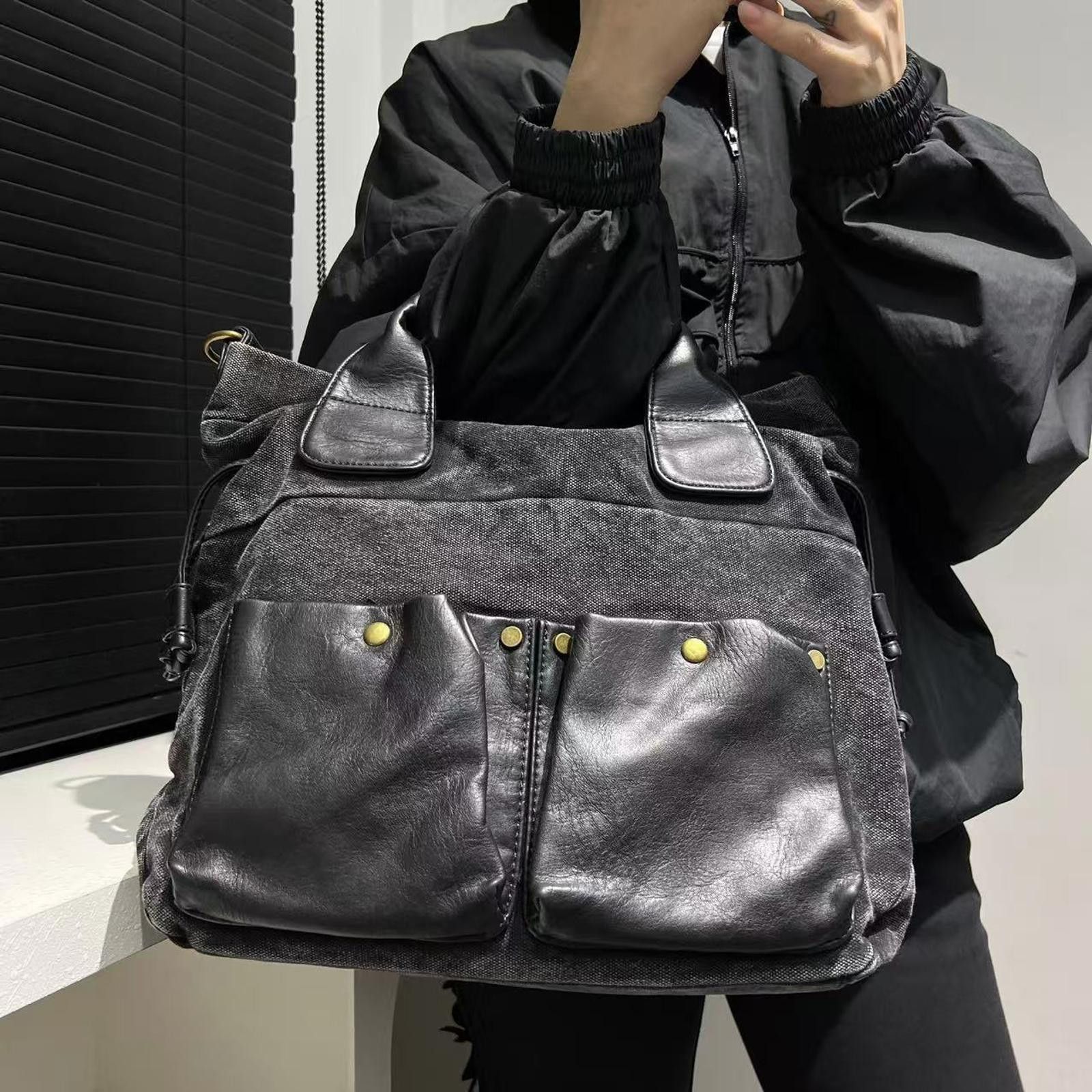 Vintage Gray Canvas Leather Pocket Handbag, Shoulder Bag Size ONE SIZE - 7 Thumbnail