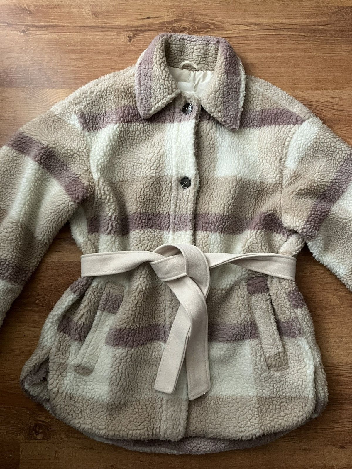 H&M Beige Checkered Fur Sherpa Coat H&M Size S Oversize Casual Size S / US 4 / IT 40 - 9 Thumbnail