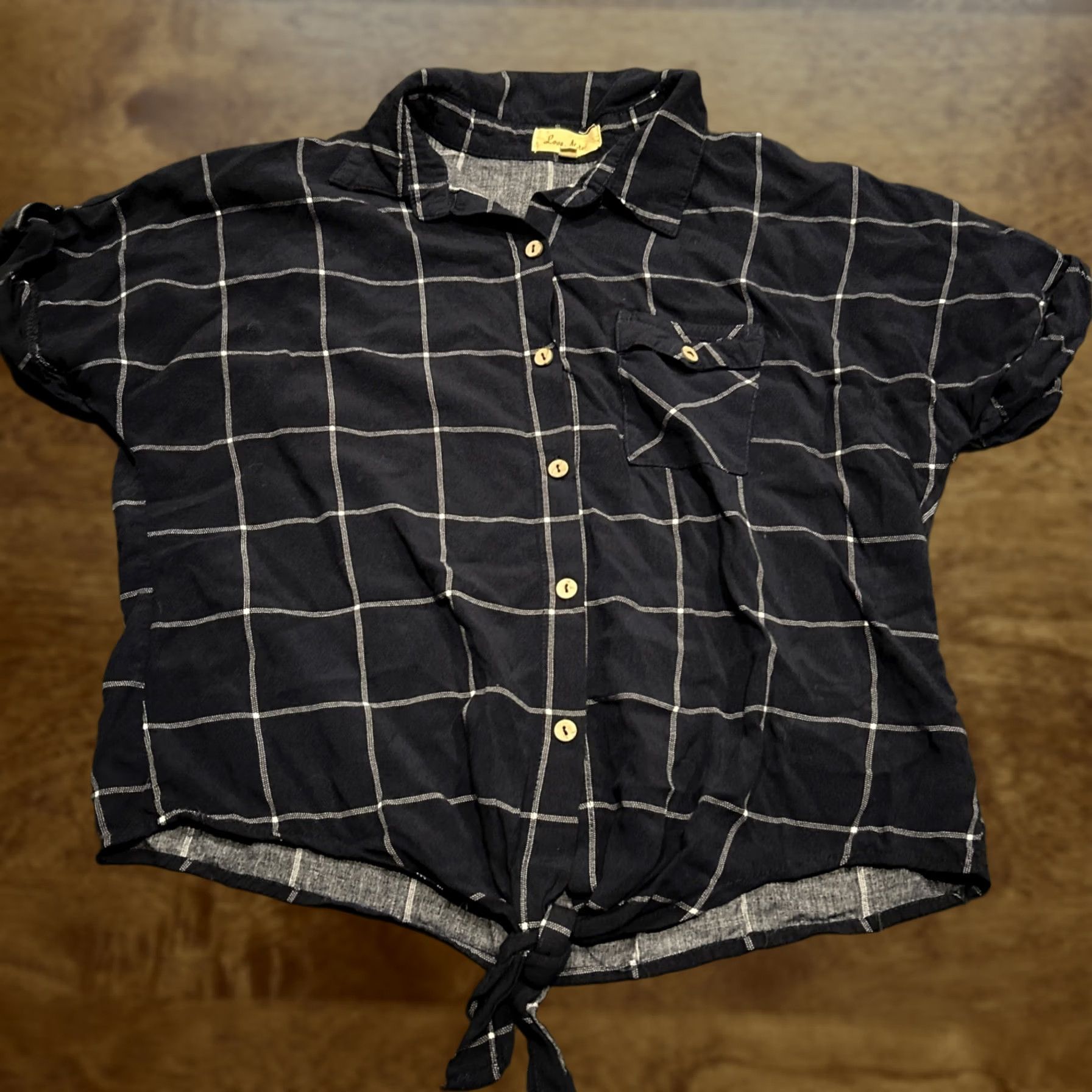 Vintage Love Notes Button-Up Shirt Womens Sz M Short Sleeve Navy Blue Check Casual Workwear Size M / US 6-8 / IT 42-44 - 1 Thumbnail