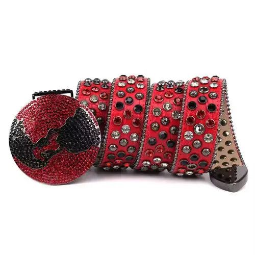 Japanese Brand × Vintage y2k red studded rhinestone leather belt Size 36 - 4 Thumbnail