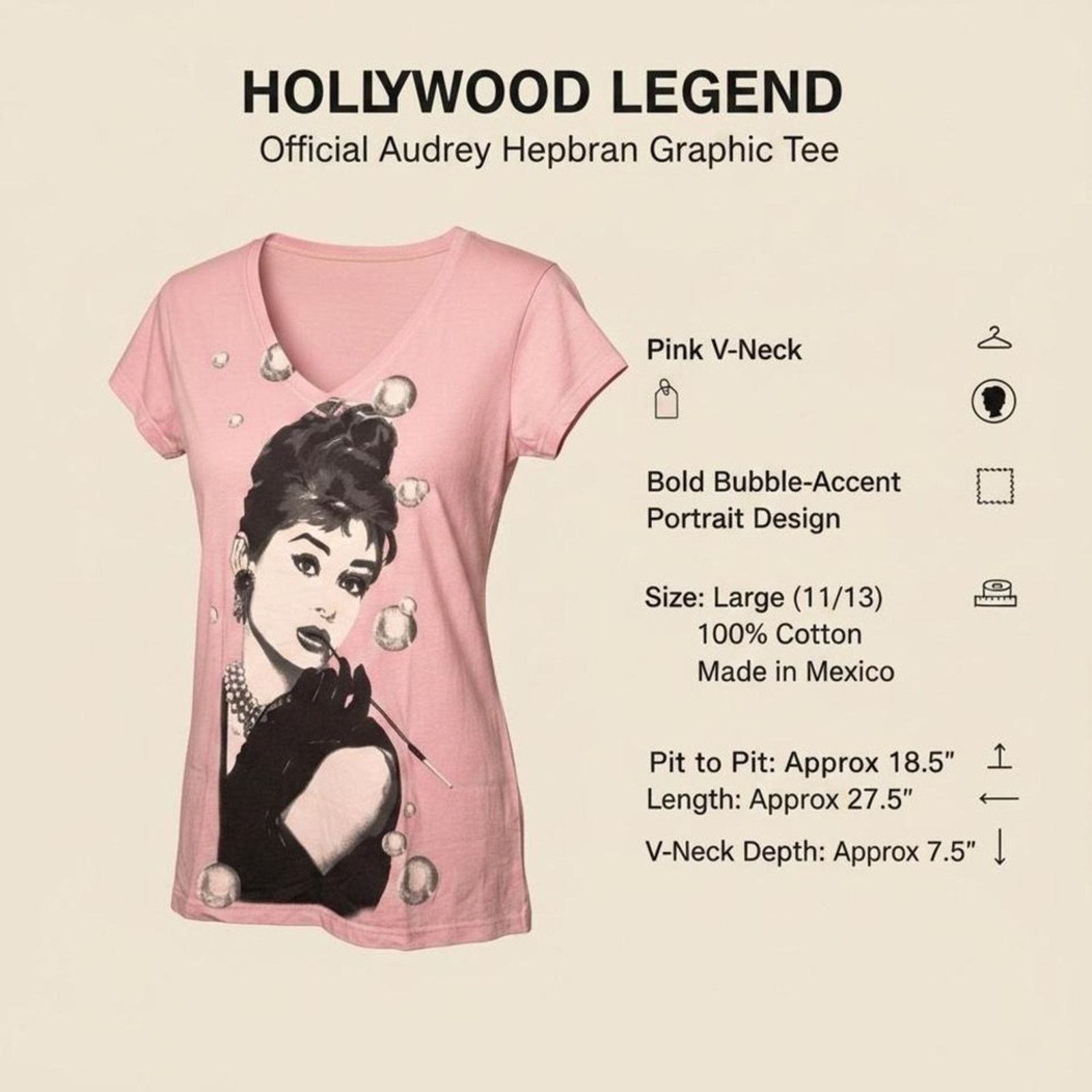 Reel Legends Hollywood Legend Audrey Hepburn Pink V-Neck Tee Size L NWOT Size L / US 10 / IT 46 - 3 Thumbnail