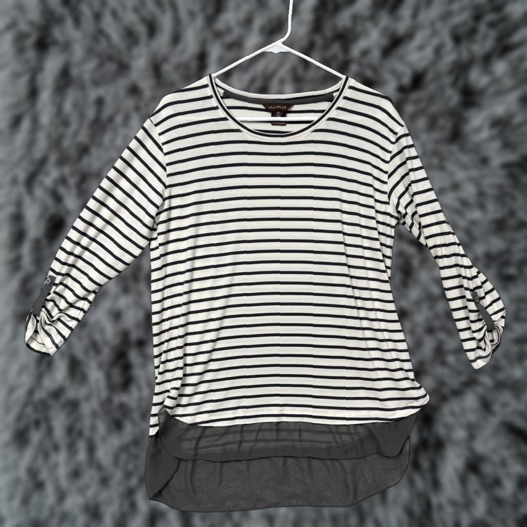 Vintage Multiples Tunic Top Women M White Gray Striped High Low Hem Roll Tab Sleeve Lightweight Jersey Casual Size M / US 6-8 / IT 42-44 - 1 Thumbnail