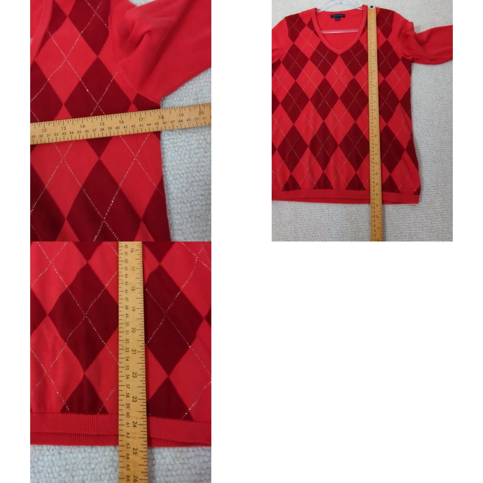 Tommy Hilfiger Tommy Hilfiger Womens M Argyle Diamond V-Neck Cotton Knit Sweater Pullover Long Sleeve Logo Embroidered Orange Red Size M / US 6-8 / IT 42-44 - 8 Thumbnail