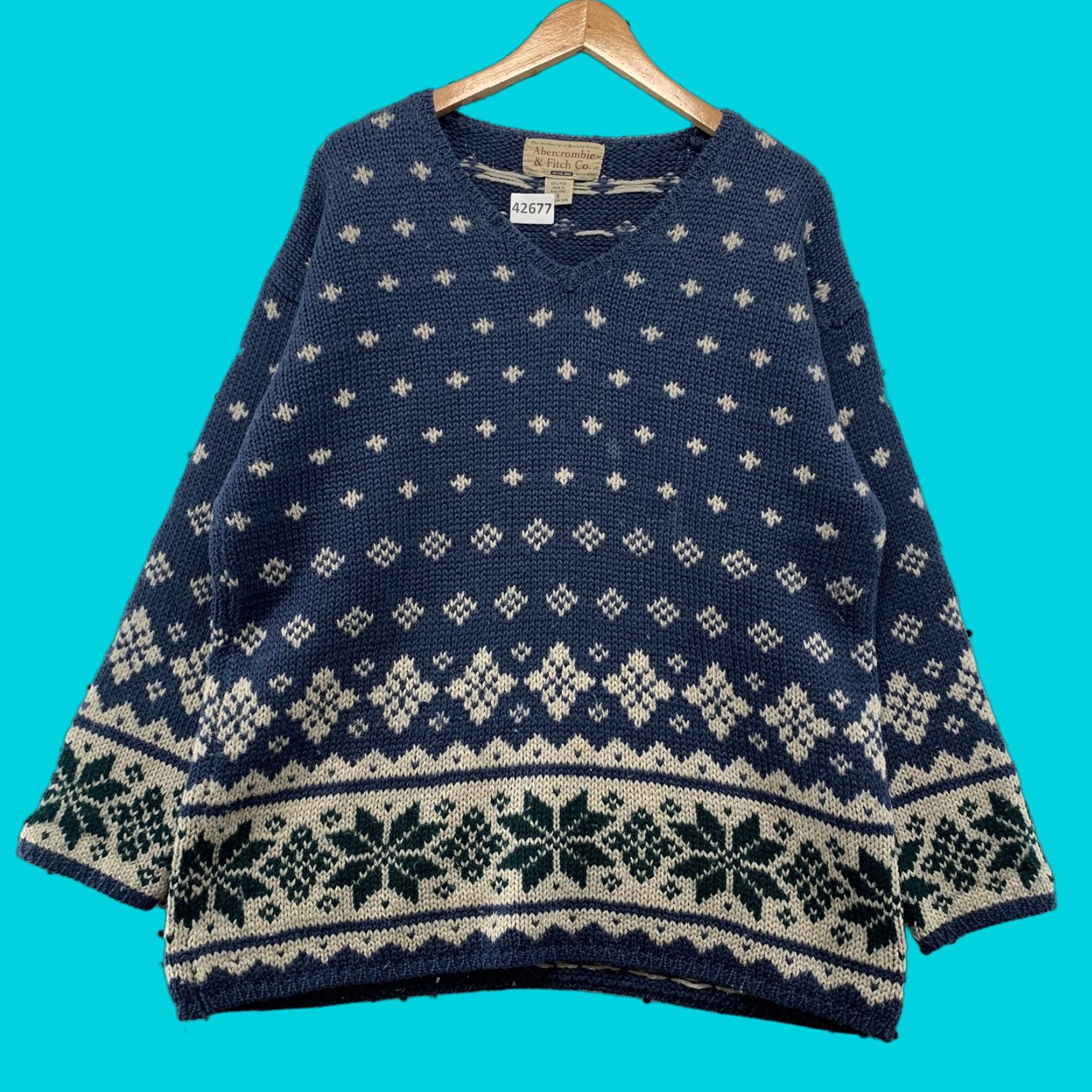 Abercrombie & Fitch VINTAGE 90s Abercrombie & Fitch Wool Sweater Blue Small Graphic Print V-Neck Long Sleeve Casual Womens Size S / US 4 / IT 40 - 1 Thumbnail