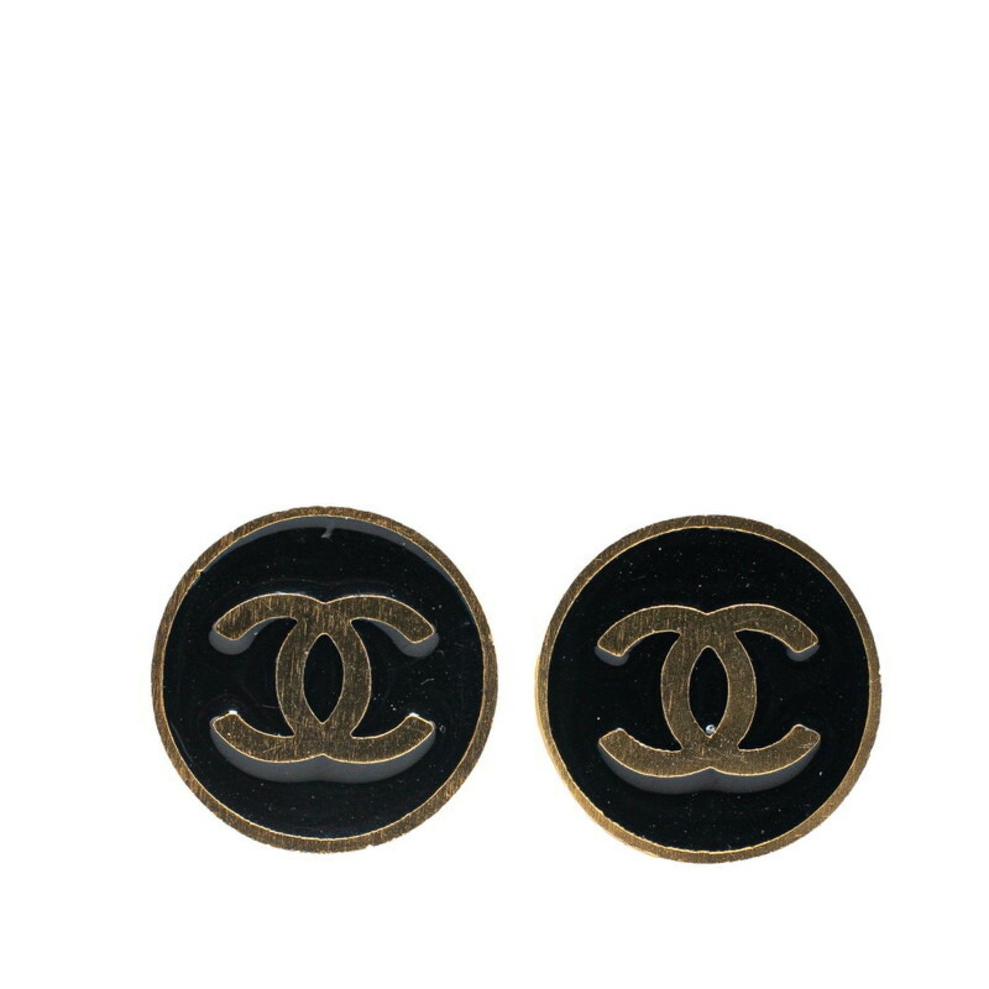 Chanel Coco Mark Round Earrings Gold Black Plated Women's CHANEL