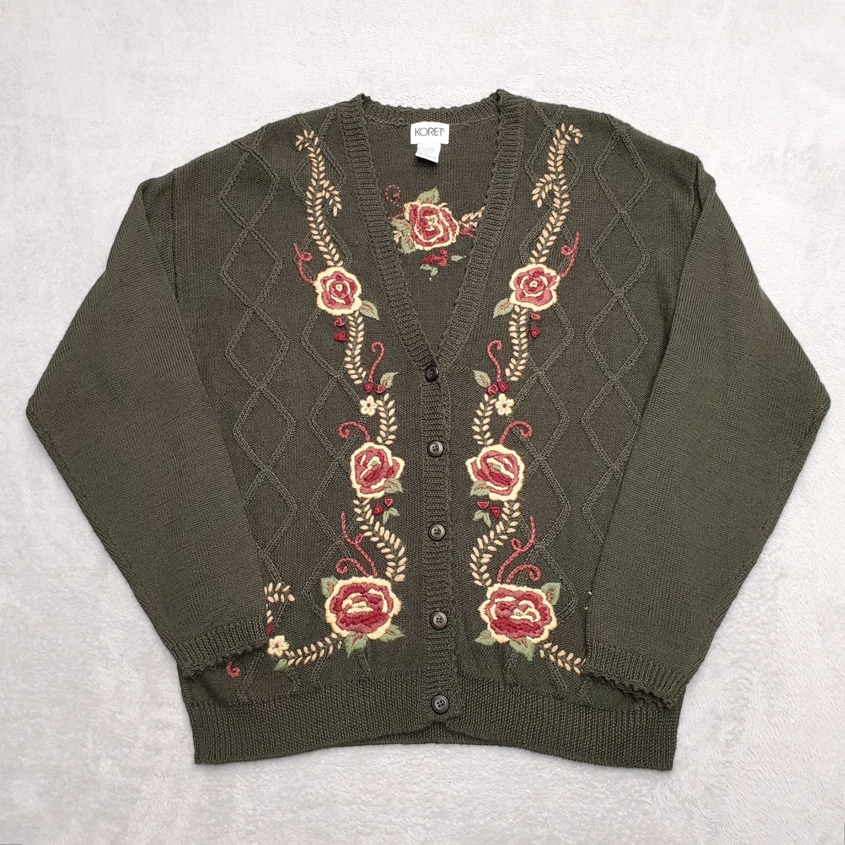 Vintage Vintage Koret Sweater Womens Large Green Wool Blend Flowers Embroidered Cardigan Size L / US 10 / IT 46 - 2 Thumbnail