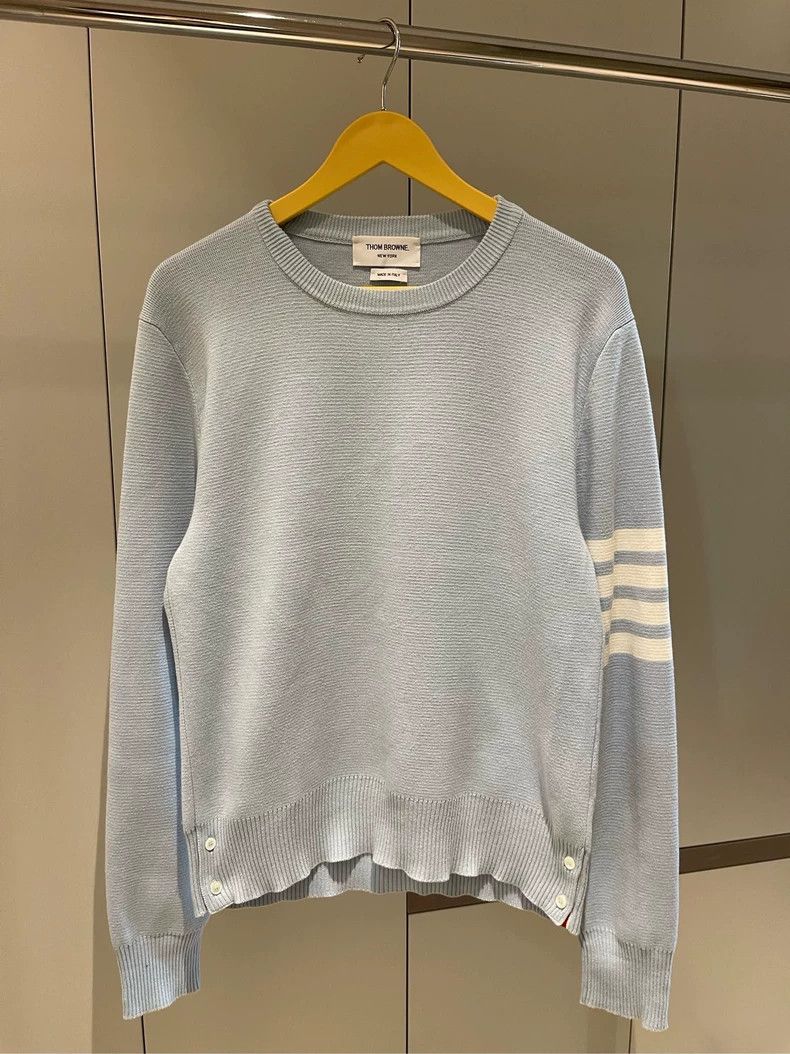 Thom Browne Thom Browne Size 1Sky Blue Classic Four Stripe Knit Pullove Size US S / EU 44-46 / 1 - 1 Thumbnail