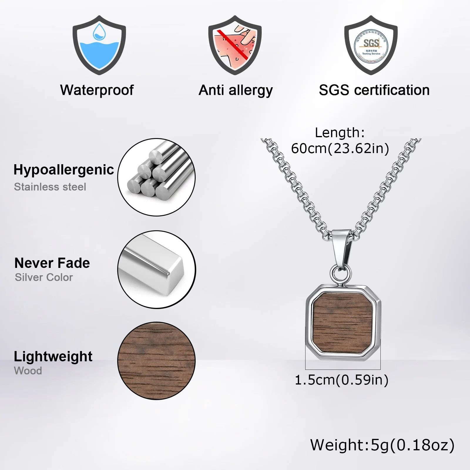 Jewelry Wood Square Pendant Necklace Size ONE SIZE - 6 Thumbnail
