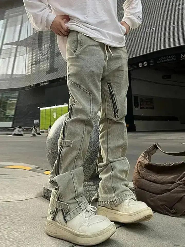 Japanese Brand Straight Jeans Men Side Zipper Patchwork Slim Size US 32 / EU 48 - 1 Thumbnail