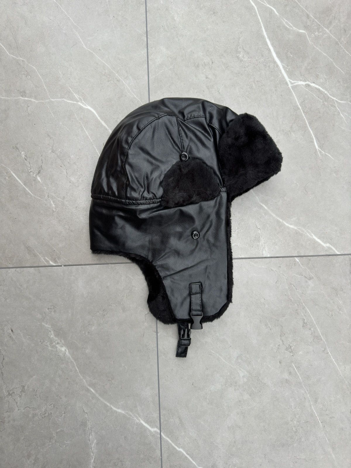 Vintage Black Leather Military Fur Pilot Trapper Hat Size ONE SIZE - 1 Thumbnail