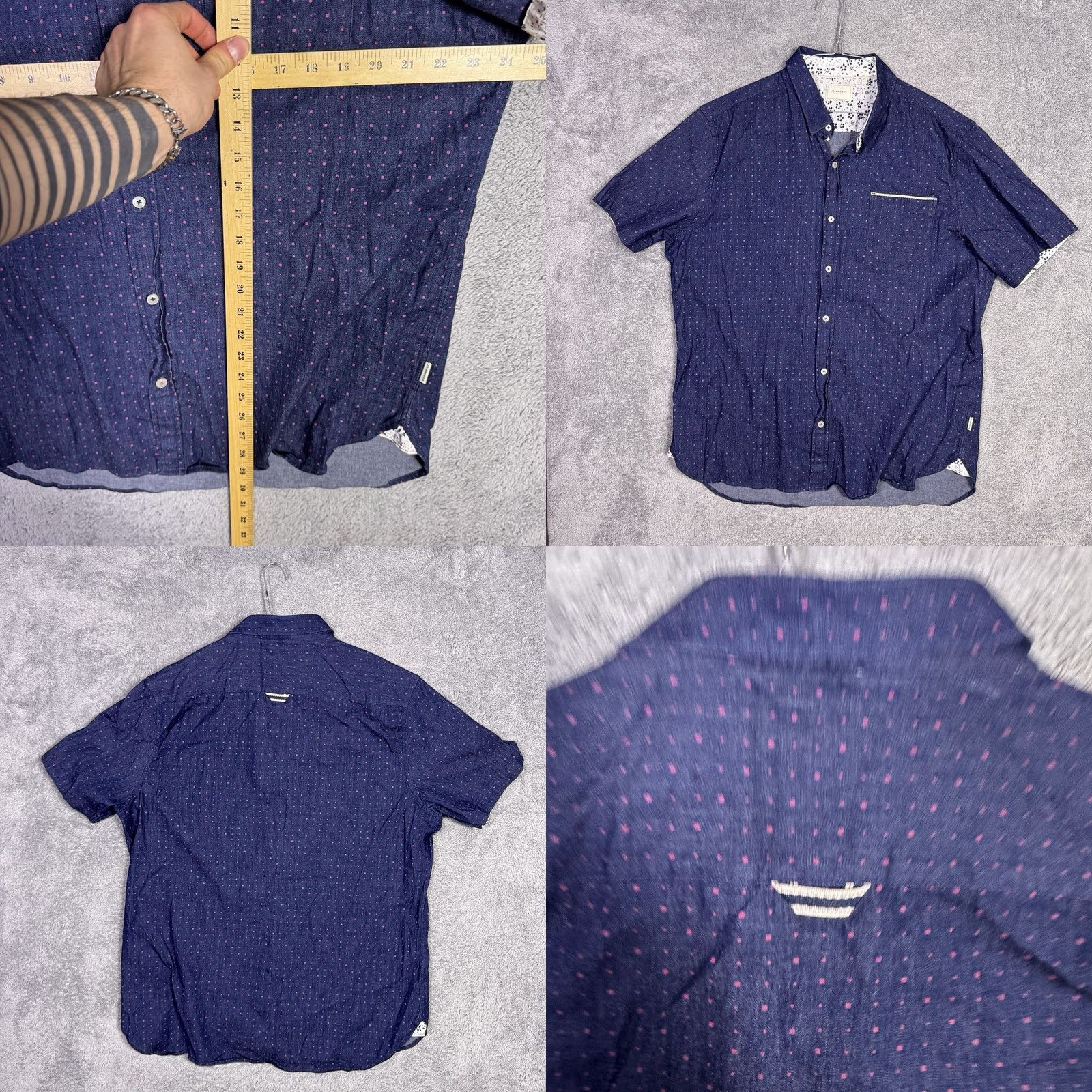Vintage 7 Diamonds Shirt Mens 2XL Chambray Denim 4 Way Stretch Geometric Button-Up Short Sleeve Collared Modern Casual Sportwear Navy Blue Mens Size US XXL / EU 58 / 5 - 8 Thumbnail