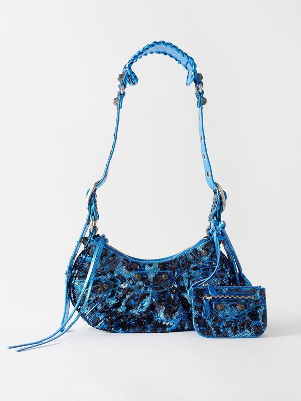 Balenciaga Le Cagole Xs Shoulder Bag With Leopard Sequin Embroidery in Blue, Women's