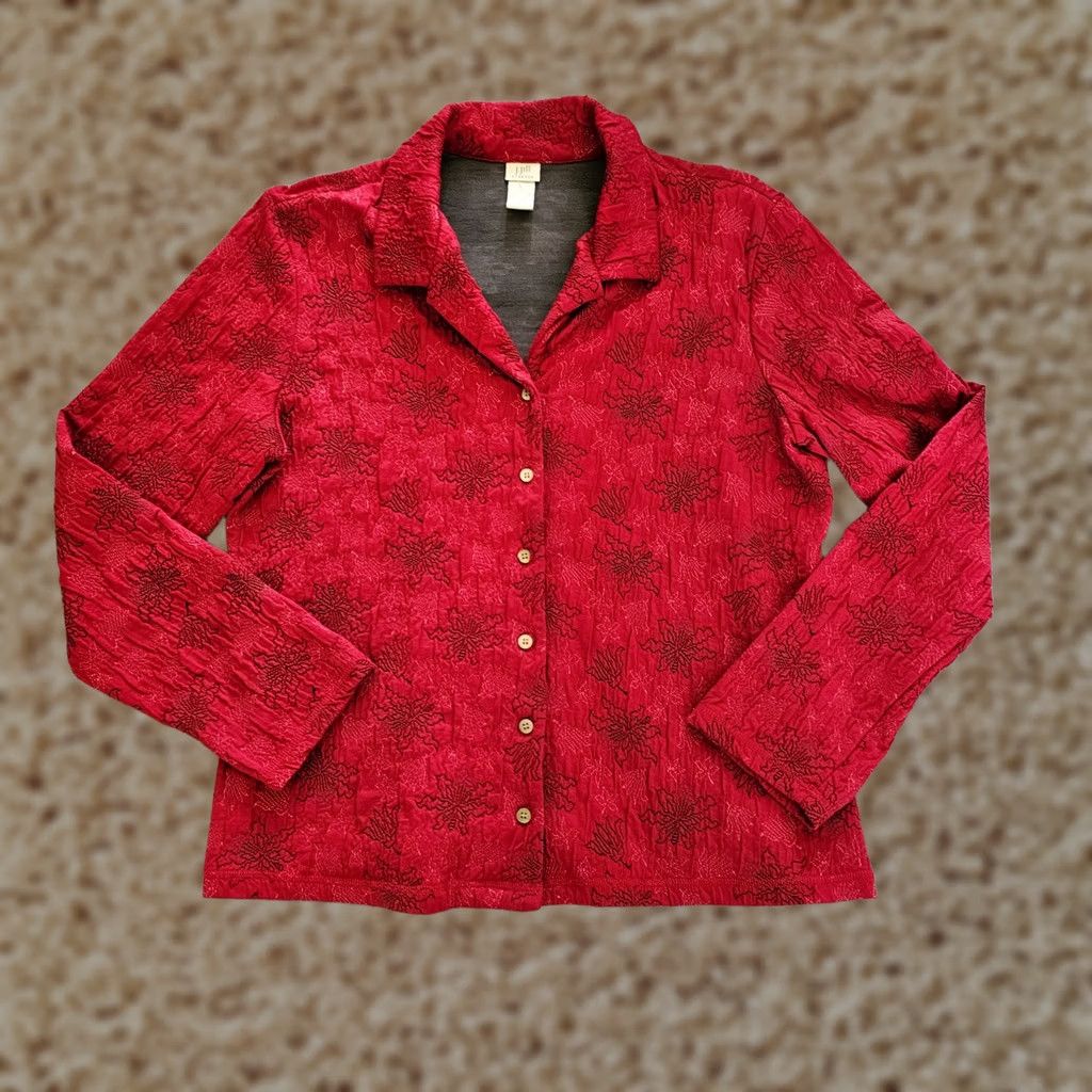 J. Jill J Jill Jacket Blazer Women Large Red Embroidered Button Front Collar Long Sleeve Size L / US 10 / IT 46 - 1 Thumbnail