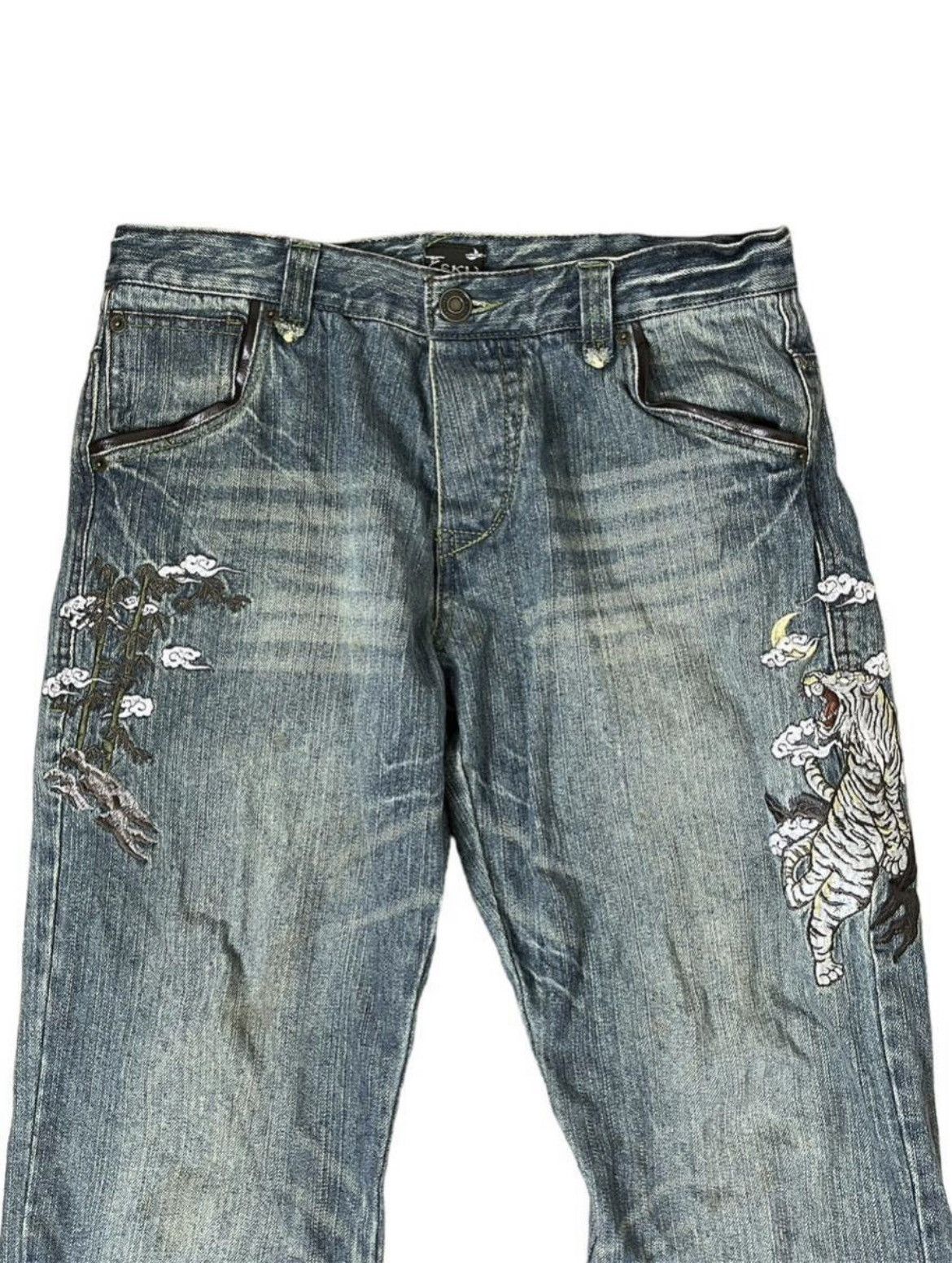 image of Wagara Tiger Embroidered Jeans Denim in Indigo, Men's (Size 32)