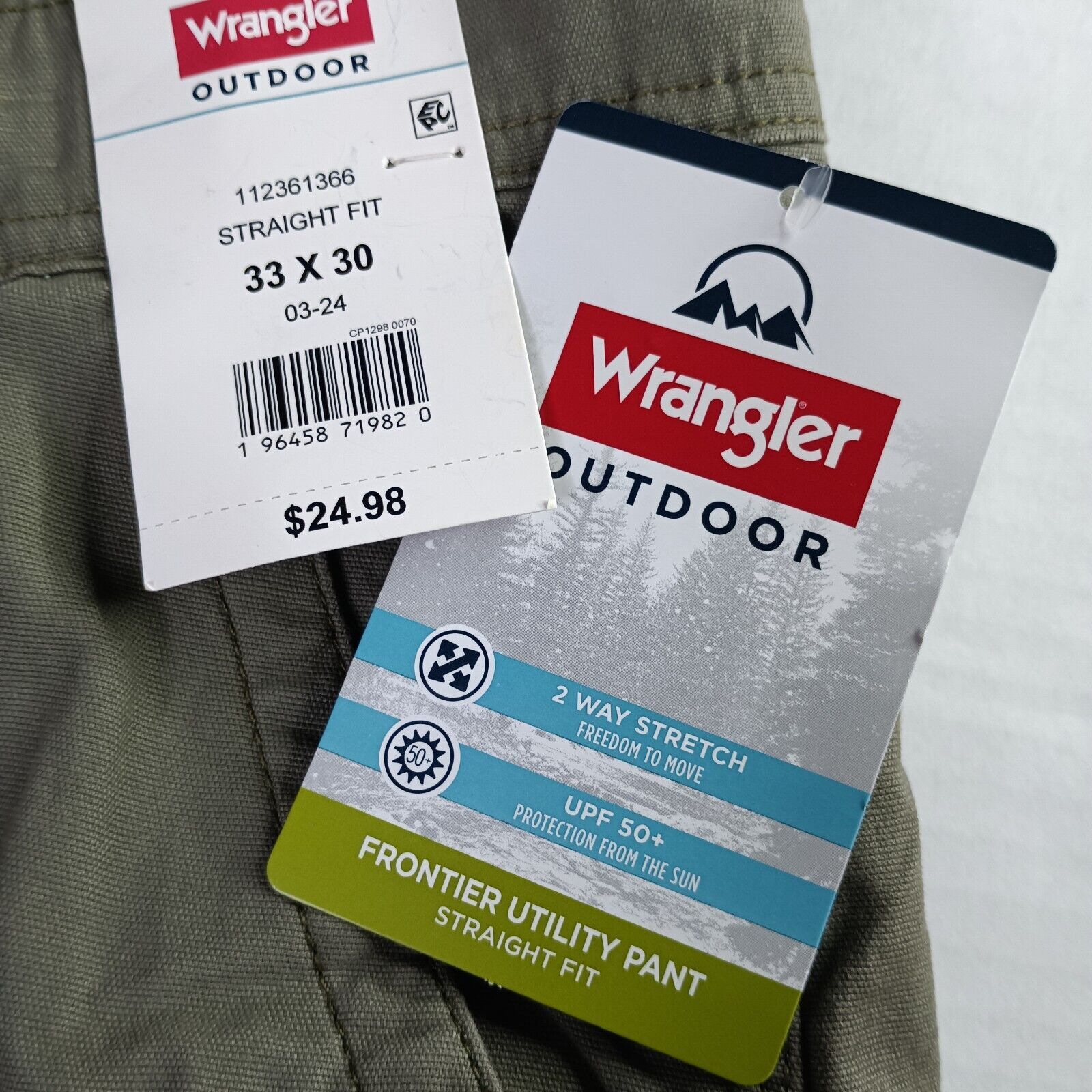 Wrangler Wrangler Utility Pants Mens 33x30 Green Straight Fit UPF 50+ Size US 33 - 2 Thumbnail